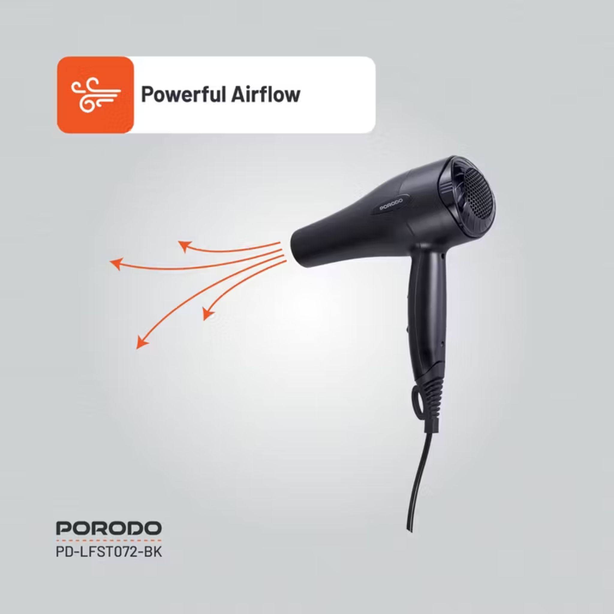 Porodo Lifestyle 1200W Hair Dryer with 1.8m Cable Length, Concentrator Nozzle, Rocker Switch, Overheat Protection, Powerful Airflow, UK 3-Pin Plug - Black