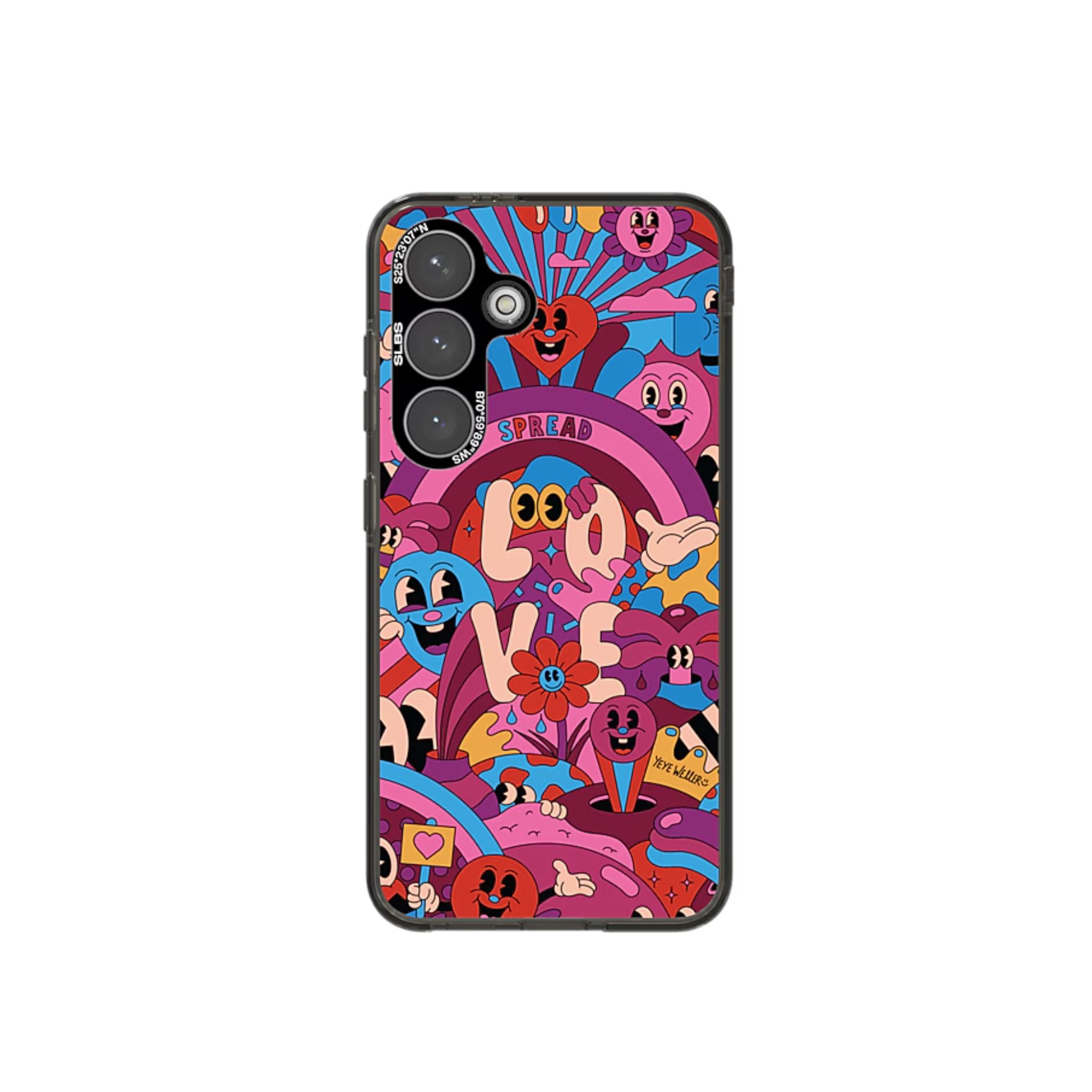 A multicolored phone case with a vibrant design featuring various cartoon characters and the word 'LOVE' prominently displayed.