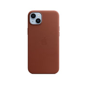 Back view of a brown leather iPhone 14 Plus case with MagSafe technology.