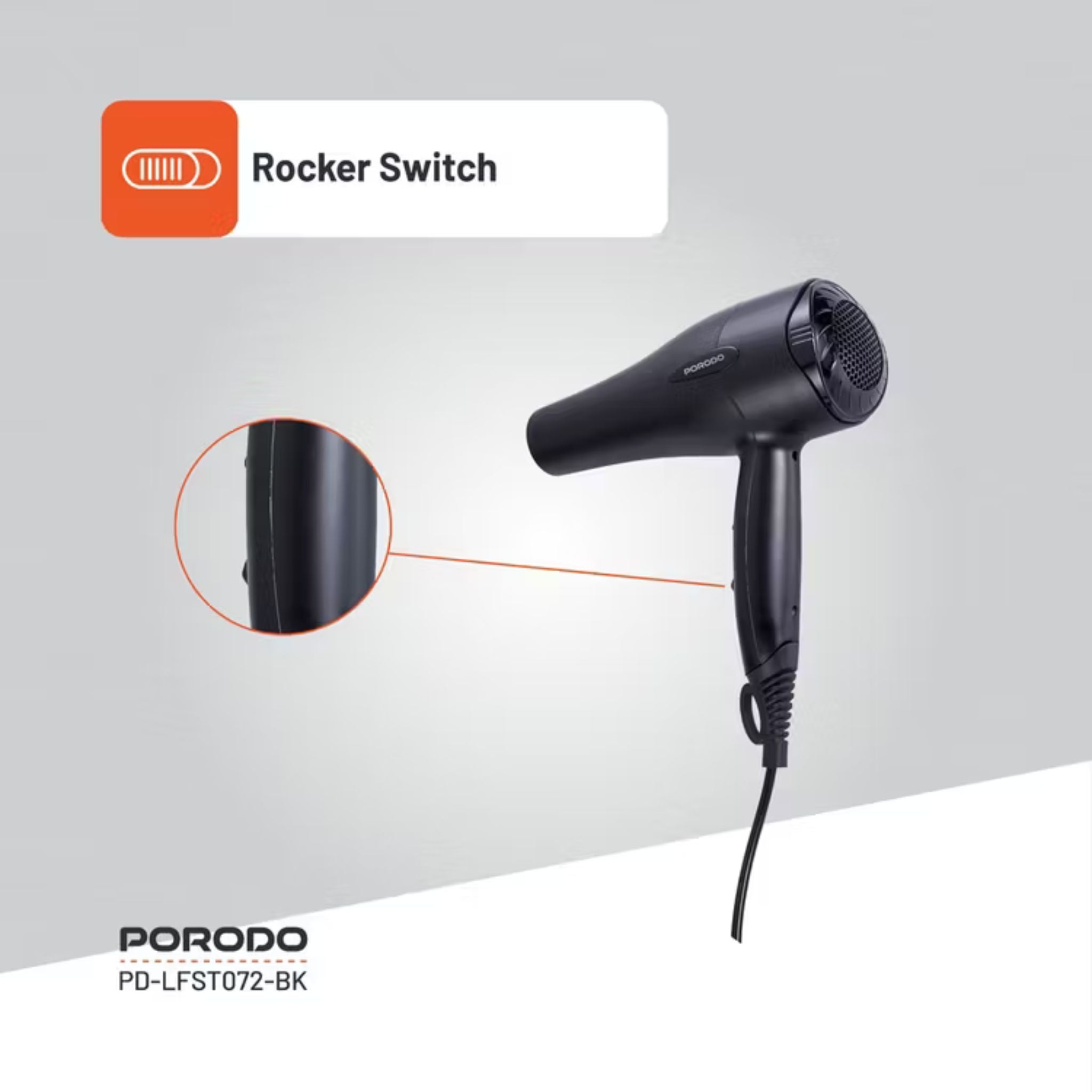 Porodo Lifestyle 1200W Hair Dryer with 1.8m Cable Length, Concentrator Nozzle, Rocker Switch, Overheat Protection, Powerful Airflow, UK 3-Pin Plug - Black