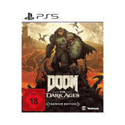 Doom: The Dark Ages game cover for PS5 with a monster and fiery background.