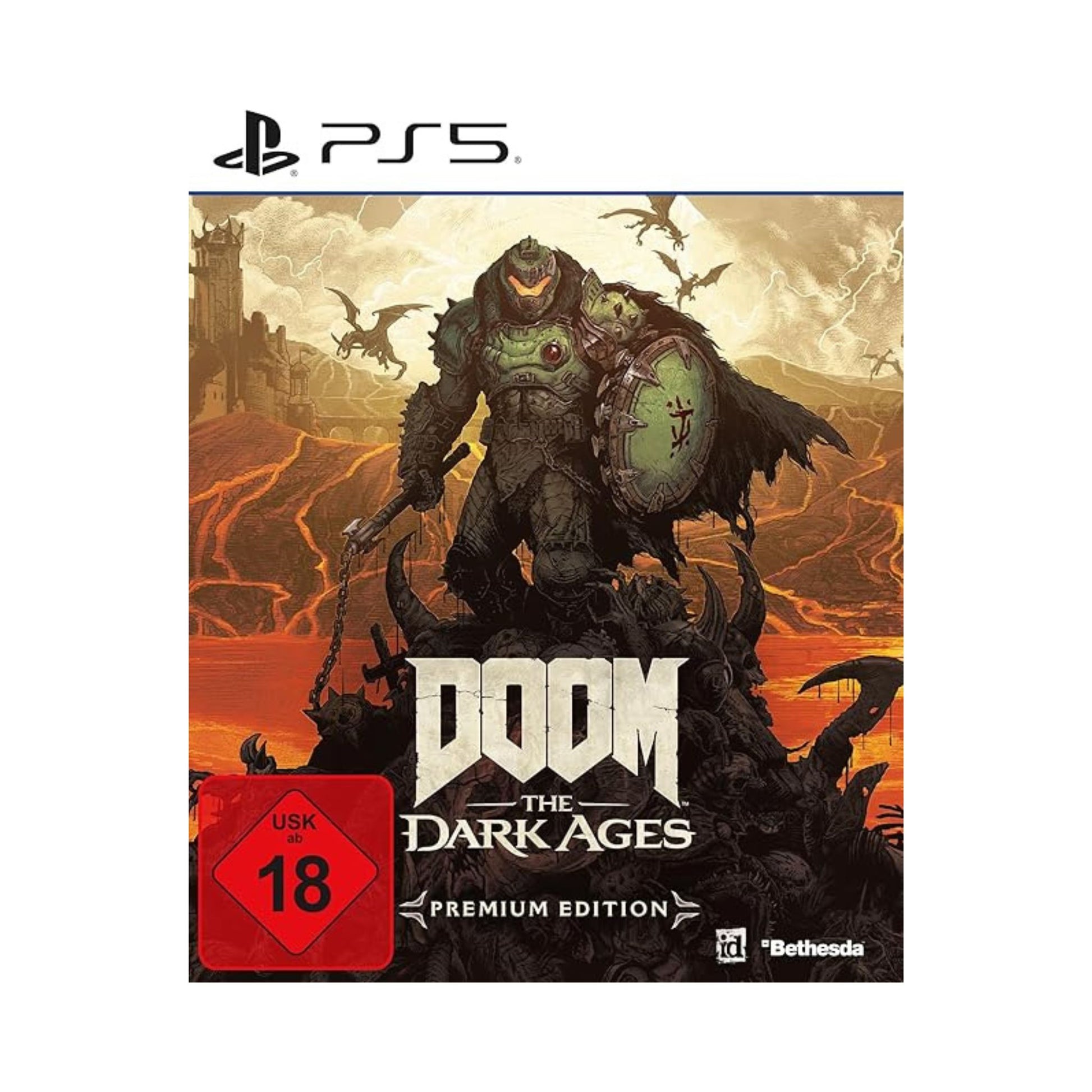 Doom: The Dark Ages game cover for PS5 with a monster and fiery background.