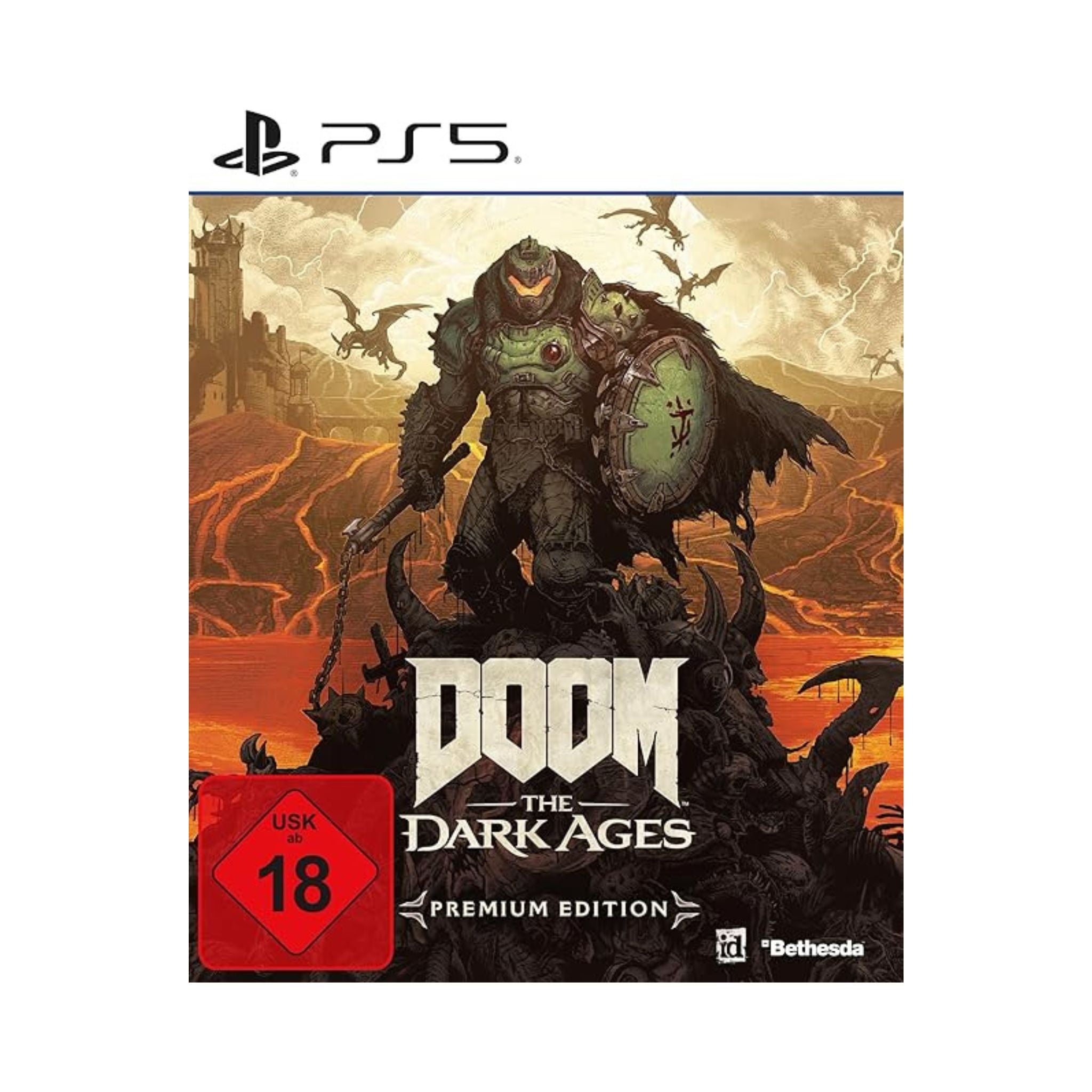 Doom: The Dark Ages game cover for PS5 with a monster and fiery background.