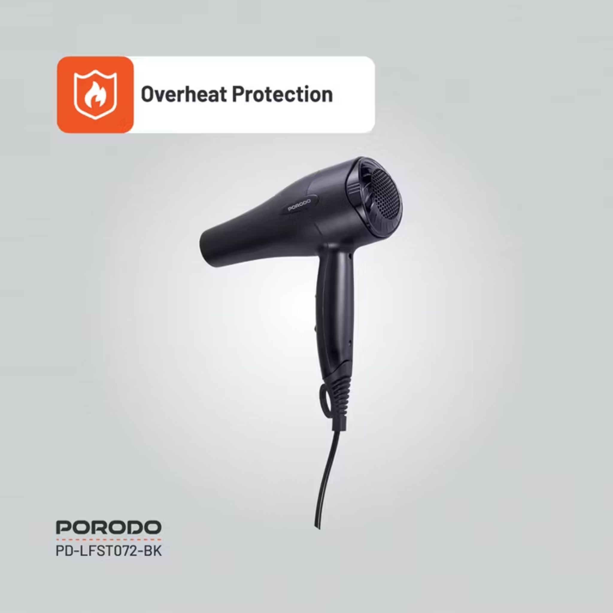 Porodo Lifestyle 1200W Hair Dryer with 1.8m Cable Length, Concentrator Nozzle, Rocker Switch, Overheat Protection, Powerful Airflow, UK 3-Pin Plug - Black