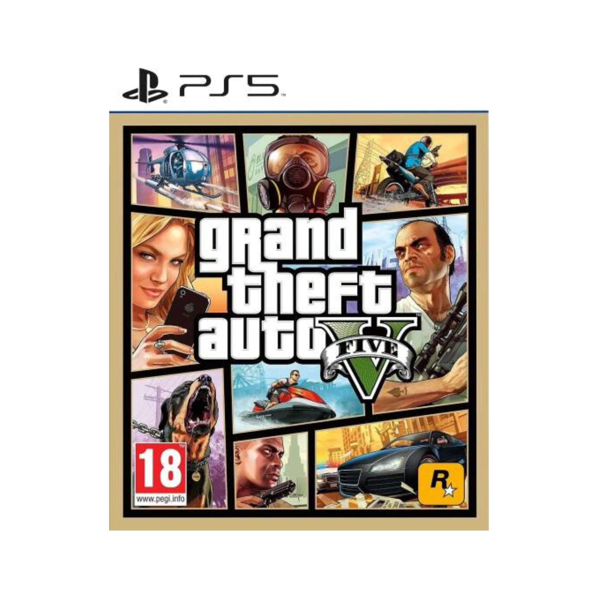 Grand Theft Auto V game case with multiple character images and PS5 logo.