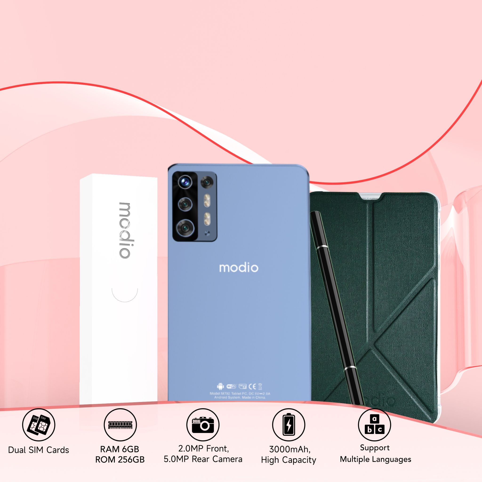 Modio M792 7" 5G Android Tablet – Dual SIM, 6GB RAM, 256GB ROM, High-Performance, Portable, User-Friendly- Blue