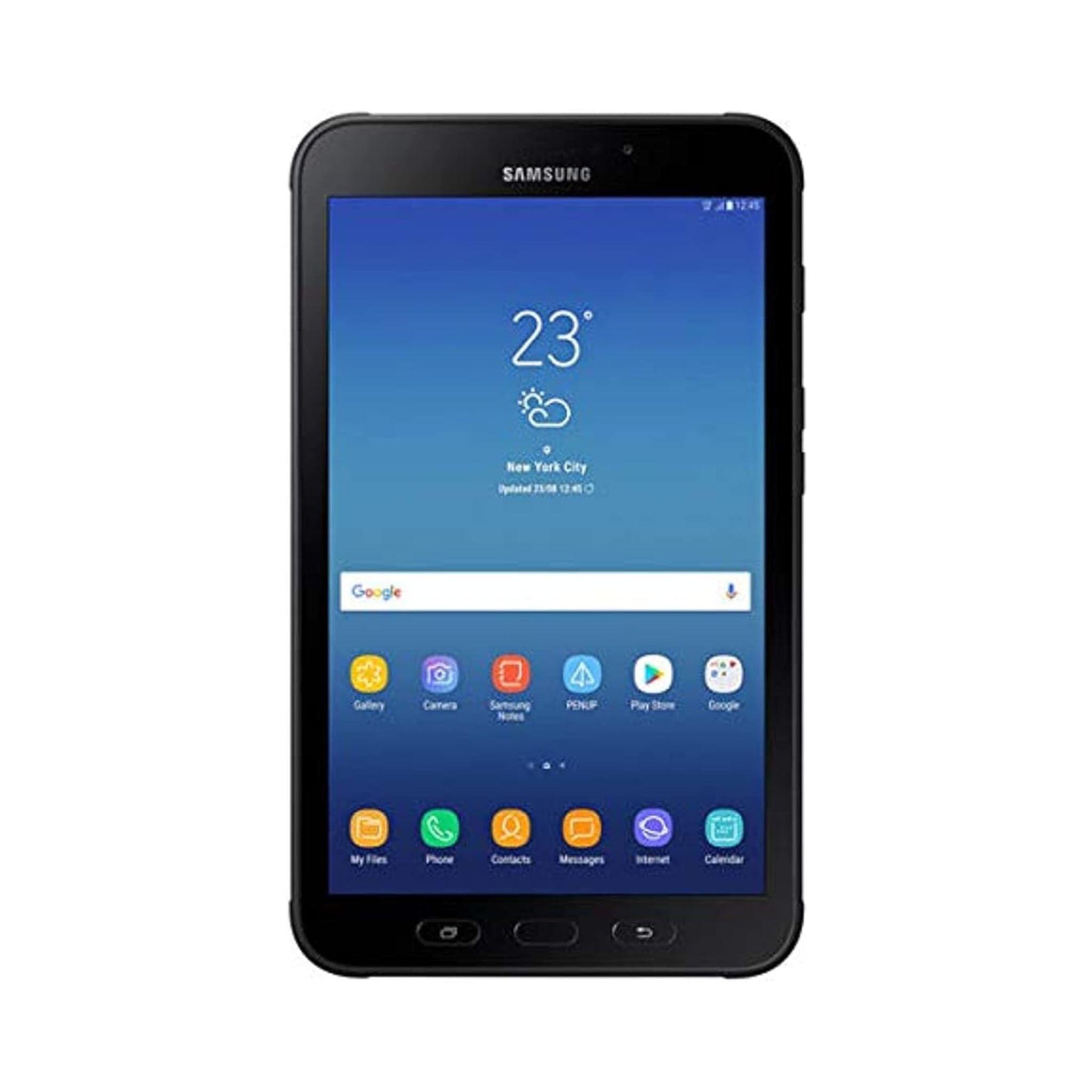 Samsung Galaxy Tab Active 2 tablet in black color with a visible S Pen slot, displaying the home screen with multiple app icons and the time.