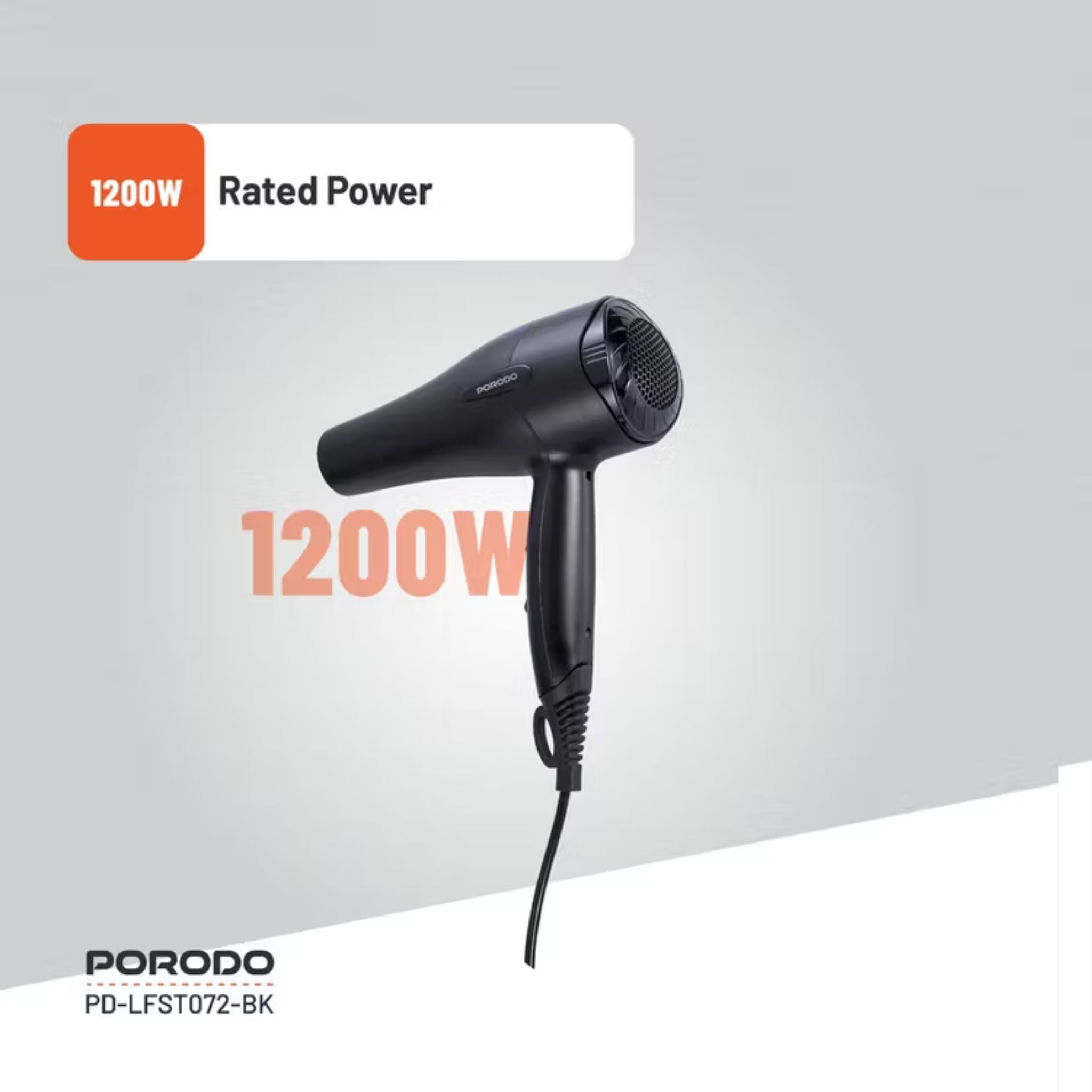 Porodo Lifestyle 1200W Hair Dryer with 1.8m Cable Length, Concentrator Nozzle, Rocker Switch, Overheat Protection, Powerful Airflow, UK 3-Pin Plug - Black