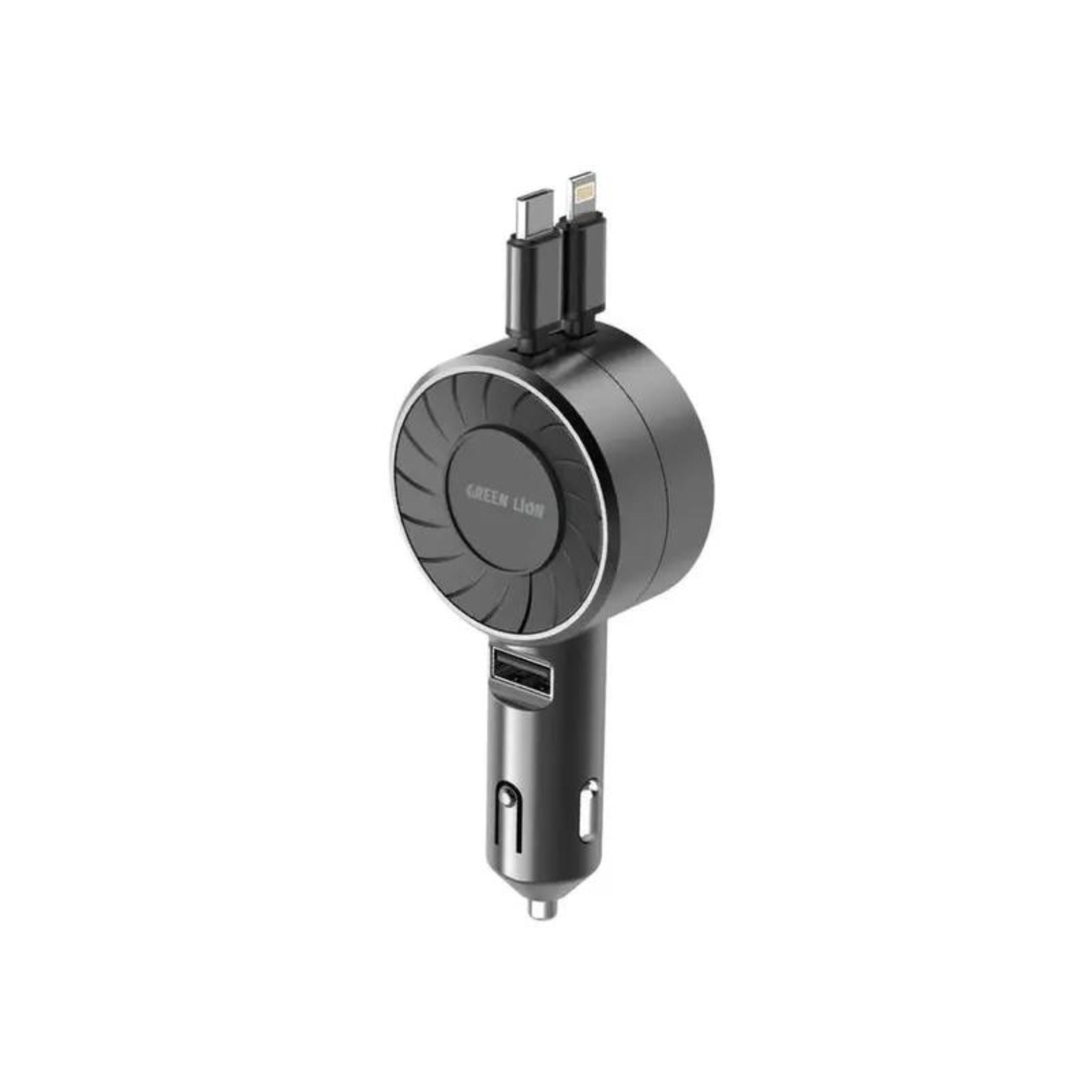A black Green Lion Telescopic 50W Car Charger with a cable and a telescopic design.