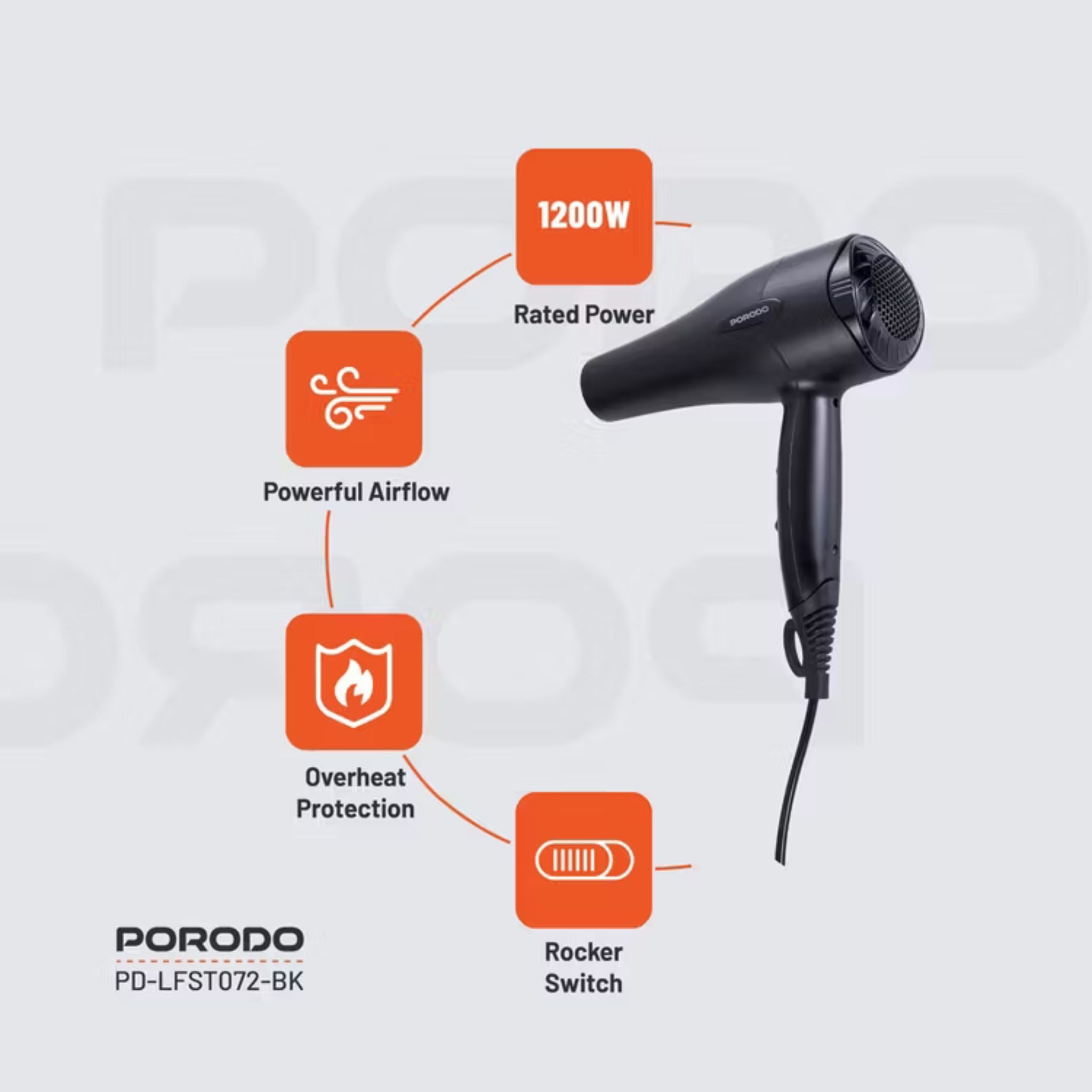 Porodo Lifestyle 1200W Hair Dryer with 1.8m Cable Length, Concentrator Nozzle, Rocker Switch, Overheat Protection, Powerful Airflow, UK 3-Pin Plug - Black