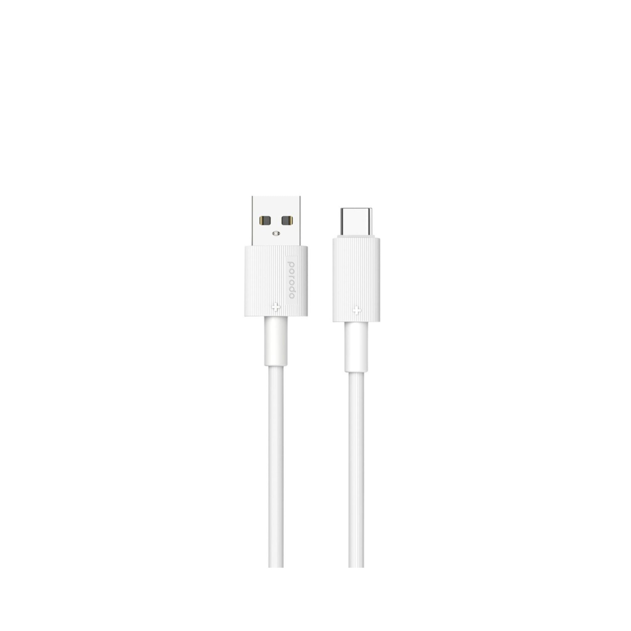 A white Porodo USB A to Type-C durable charging cable, 1.2 meters in length, displayed against a plain background.