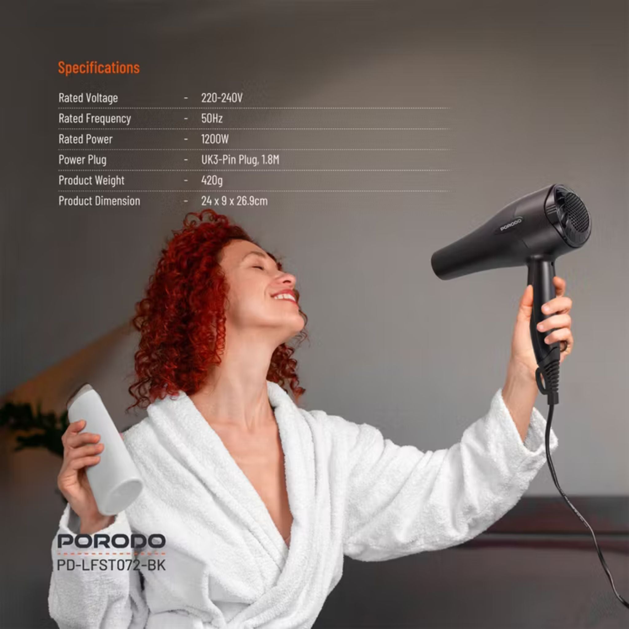 Porodo Lifestyle 1200W Hair Dryer with 1.8m Cable Length, Concentrator Nozzle, Rocker Switch, Overheat Protection, Powerful Airflow, UK 3-Pin Plug - Black