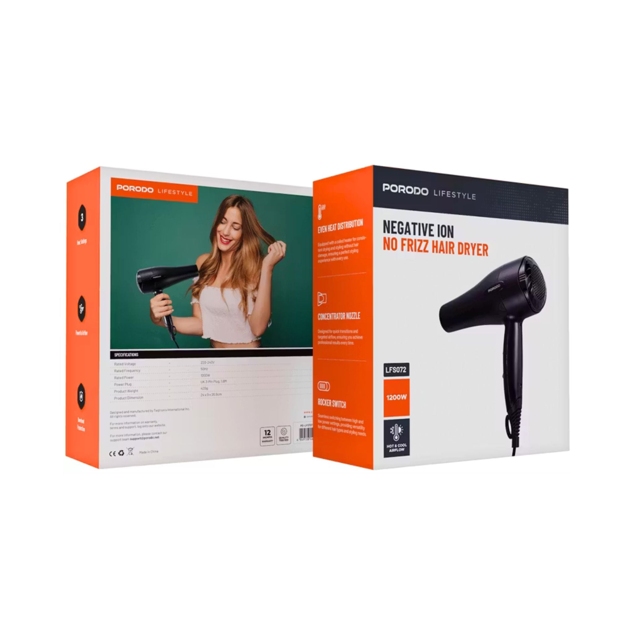 Porodo Lifestyle 1200W Hair Dryer with 1.8m Cable Length, Concentrator Nozzle, Rocker Switch, Overheat Protection, Powerful Airflow, UK 3-Pin Plug - Black