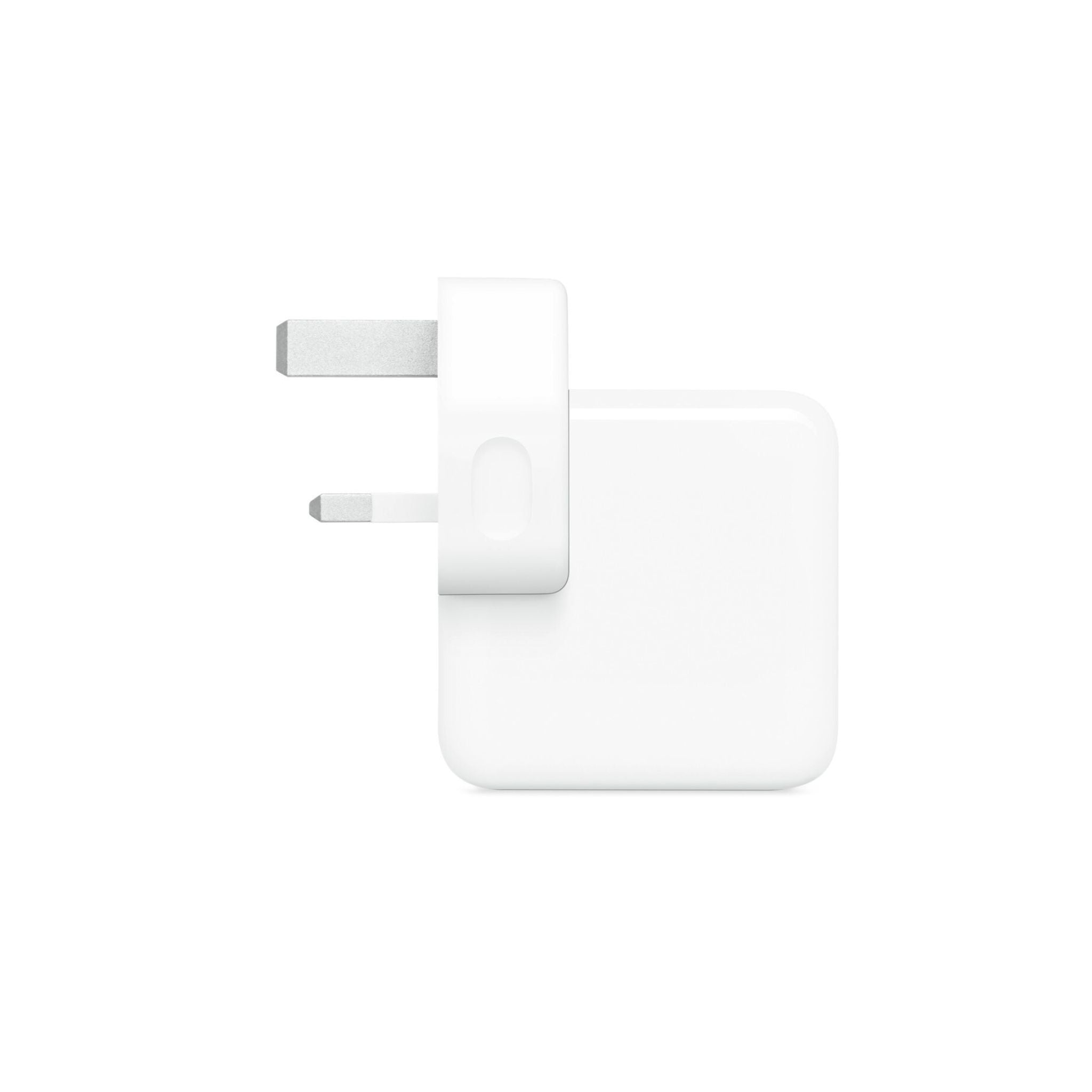 An Apple USB-C 30W Power Adapter in white color with a UK power plug.