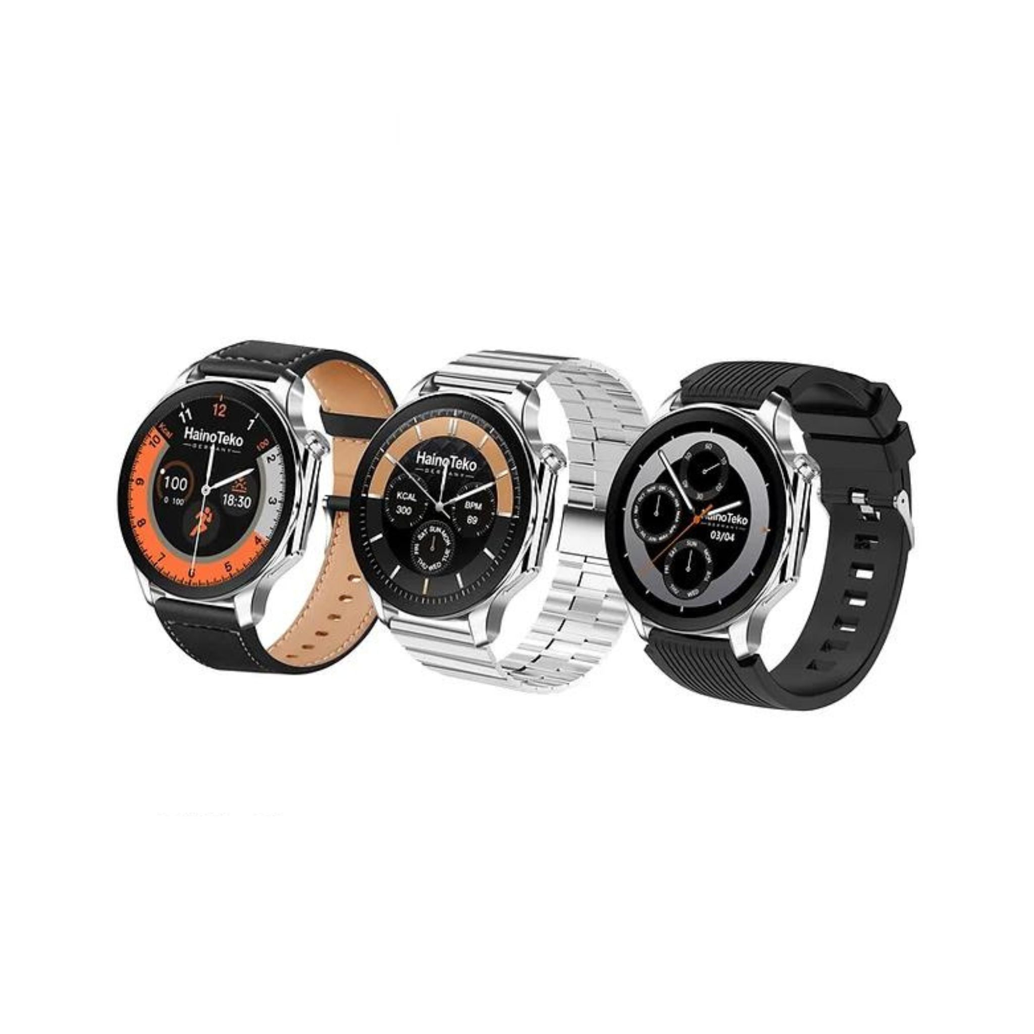 Three Haino Teko RW52 smart watches with round shape and AMOLED display, featuring different strap types: a silicone strap, a leather strap, and a stainless steel strap, in a silver color.