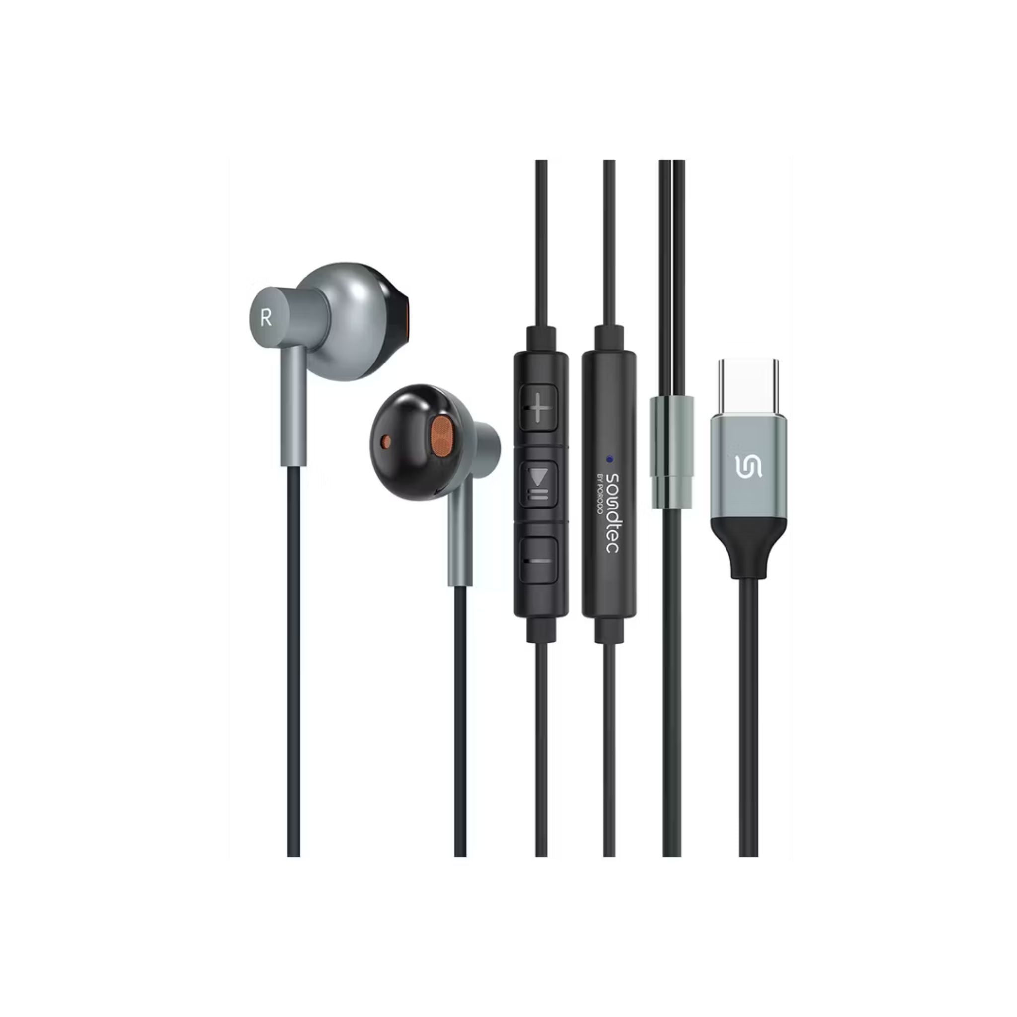 Set of earphones with microphone and controls on a white background
