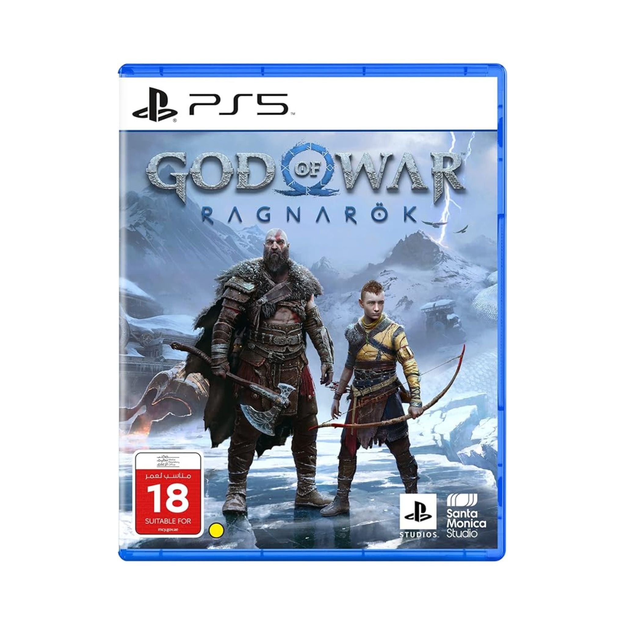 Game case for 'God of War Ragnarök' on PS5 with two characters on a snowy landscape.