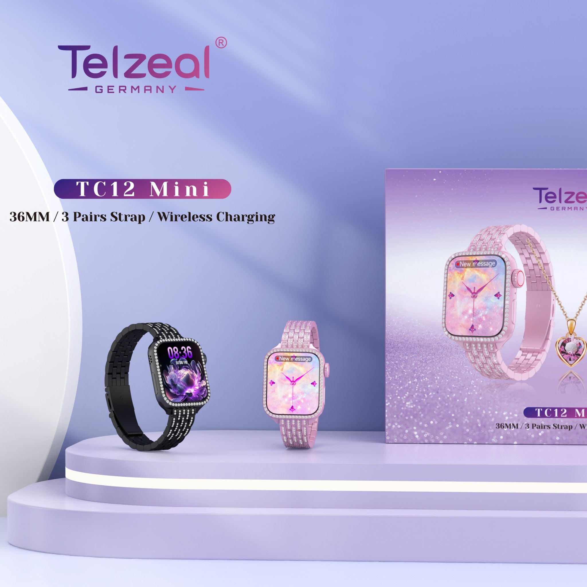 Telzeal Germany TC12 Mini (36MM/3 Pairs Strap/Wireless Charging) Space Aluminum Case Smartwatch- Black