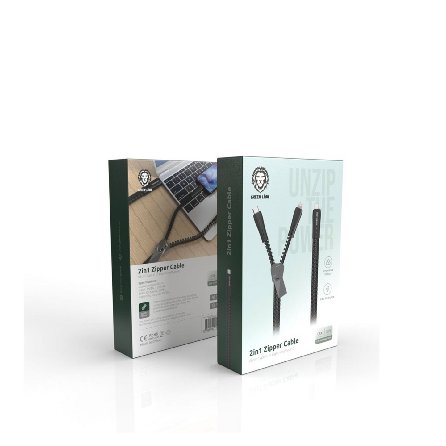 Green Lion 2 in 1 Zipper Cable ( Type-C to Lightning/Type-C ) 85CM - Black