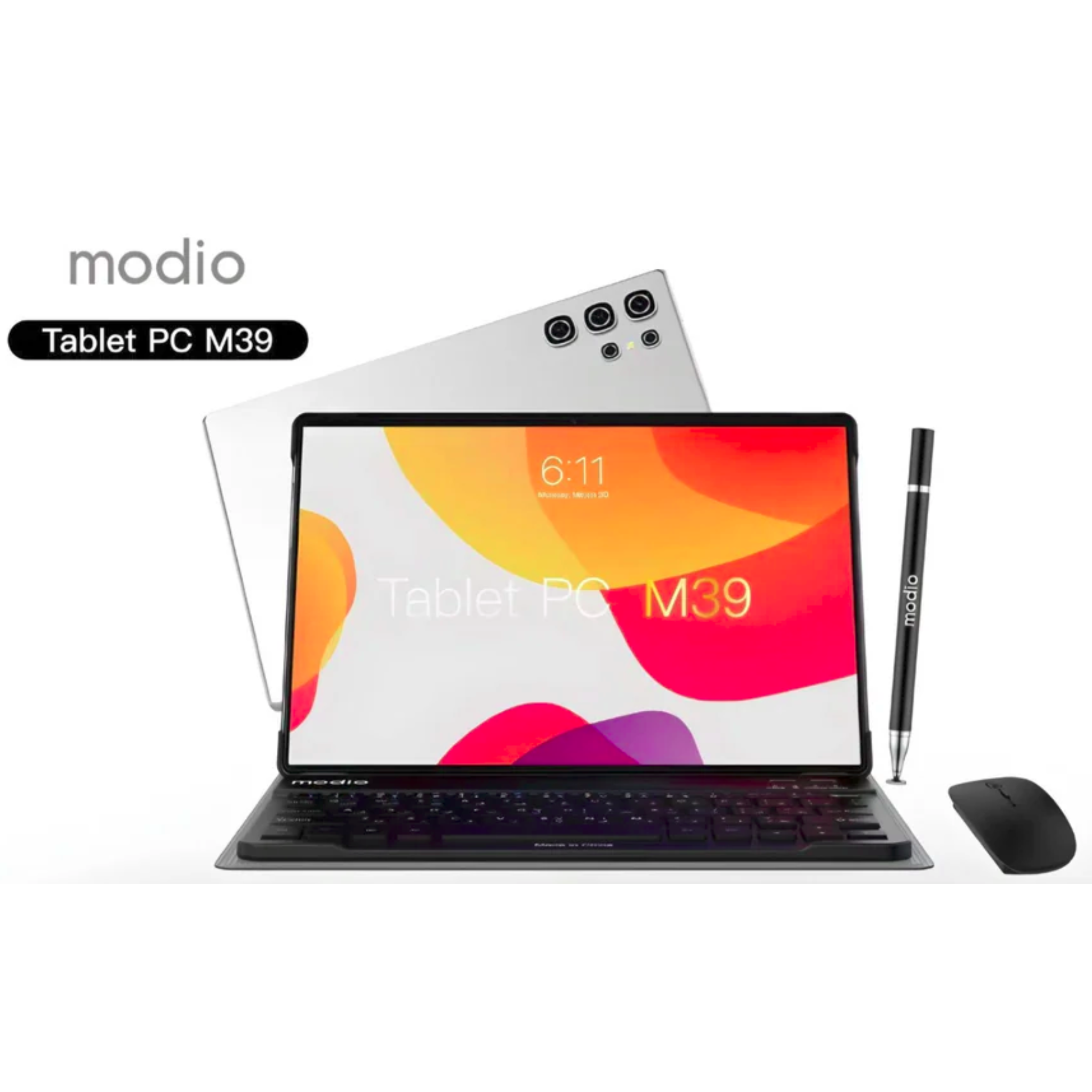 A Modio M39 tablet displayed with its keyboard and a stylus, showcasing the device's green color and the screen with a colorful wallpaper.