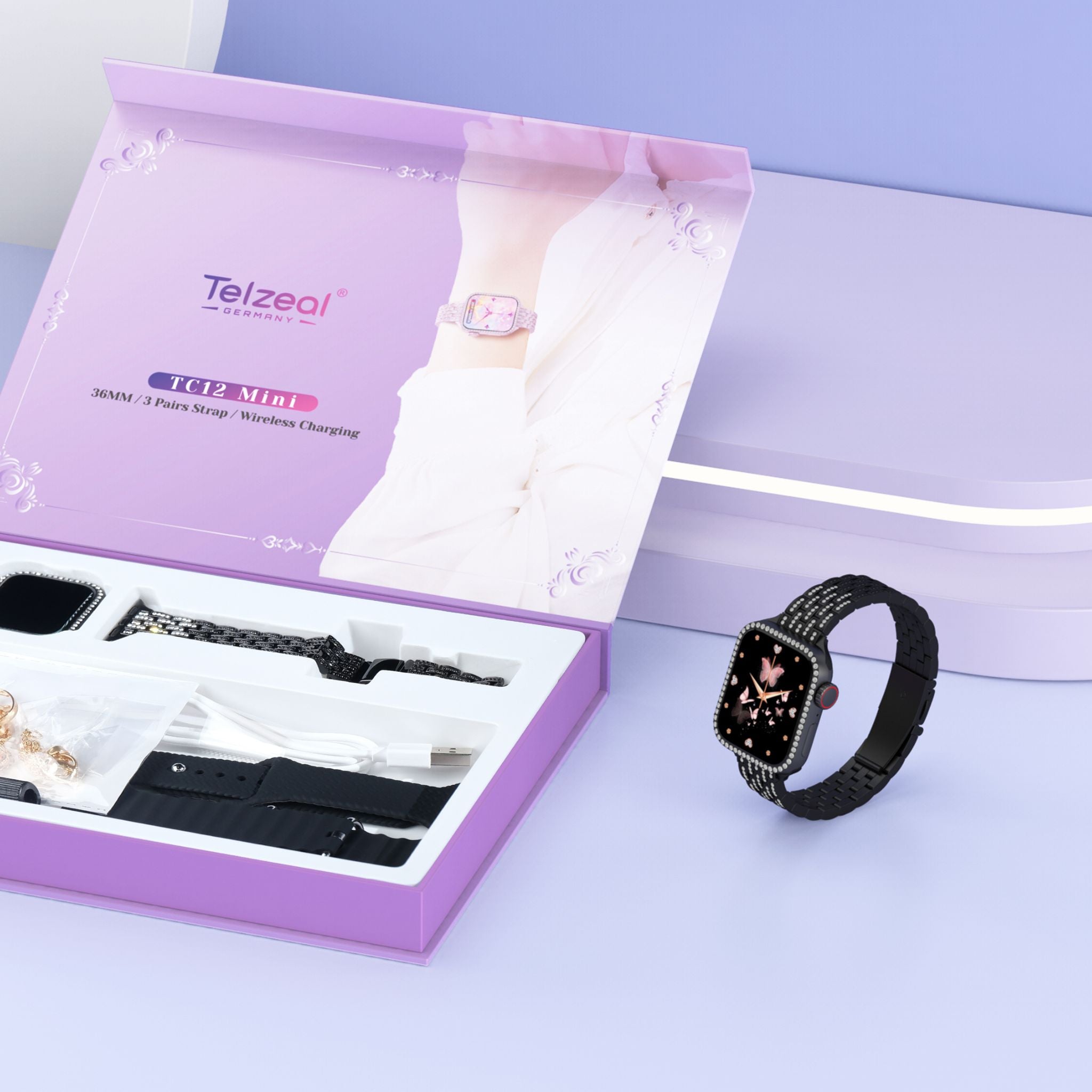 Telzeal Germany TC12 Mini (36MM/3 Pairs Strap/Wireless Charging) Space Aluminum Case Smartwatch- Black