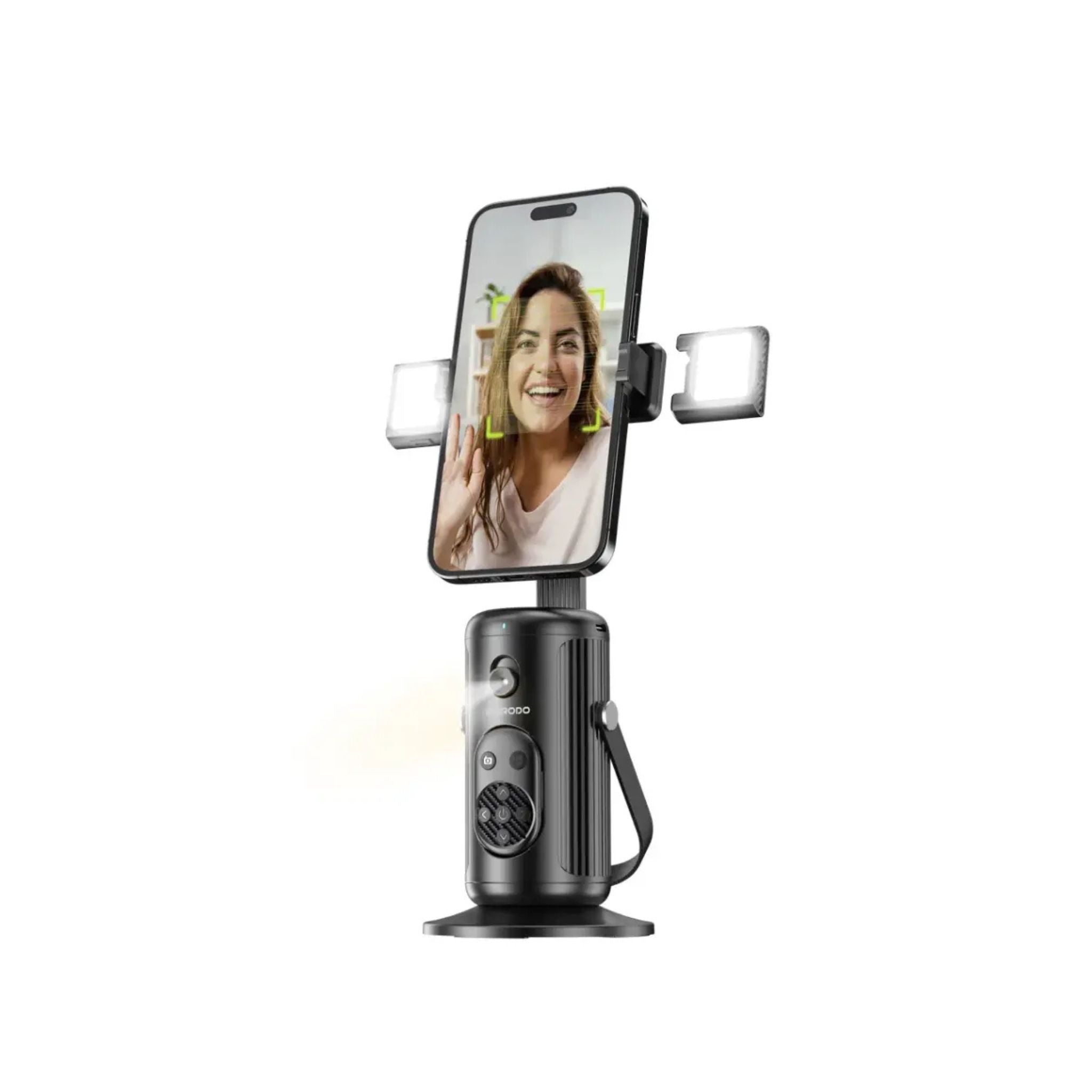 A multifunctional foldable phone stand with face tracking feature, in black color, holding a smartphone.