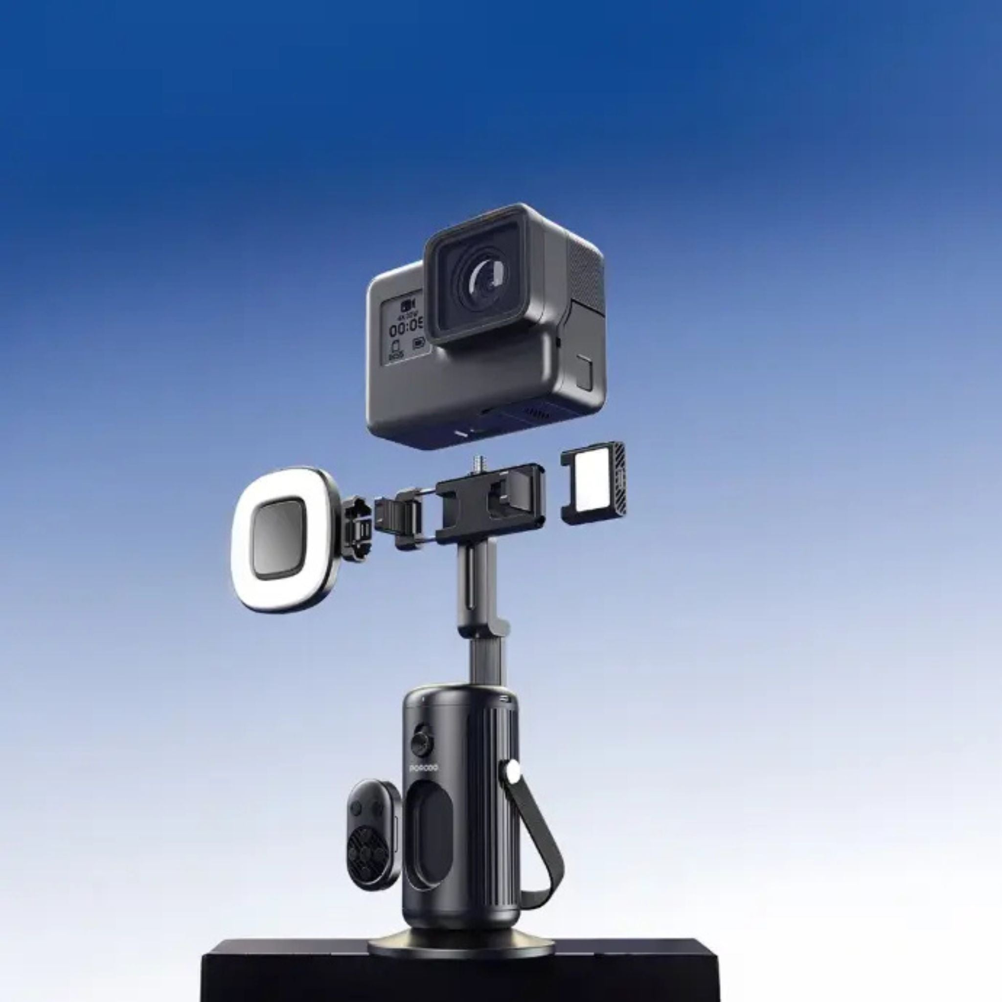 Porodo Face Tracking Smart Mount with Wireless Shutter, Detachable Fill Light, Gesture Control, Lightweight Design, 1800 mAh Battery - Black