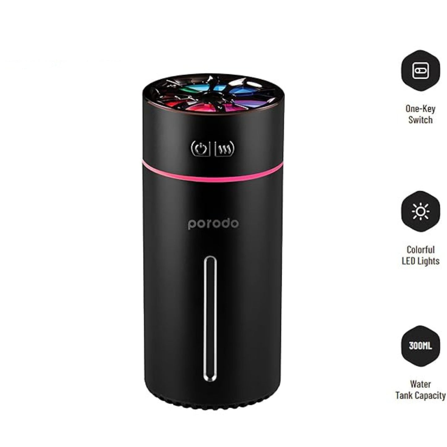 Porodo Lifestyle Portable Air Diffuser( Sceneted Car Cool Mini Humidifier) Essential Oils+ LED Lightning _Black