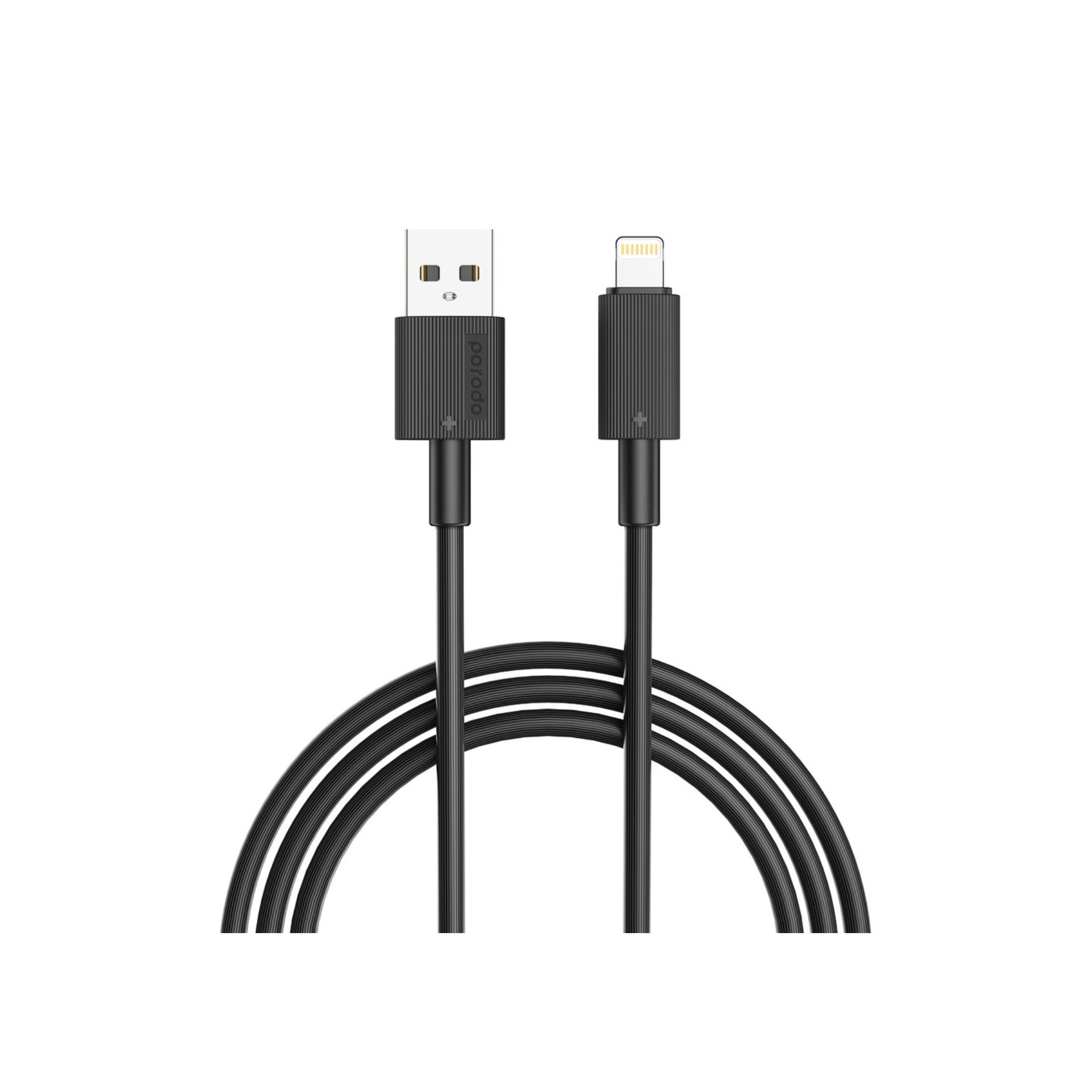 A black Porodo USB A to Lightning charging cable, 3 meters in length, with PVC material.