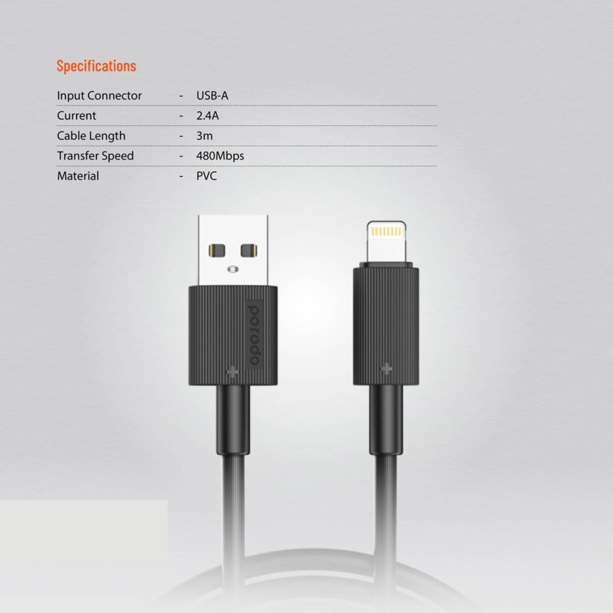 Porodo USB-A to Lightning Durable Charging Cable with 3m Length, PVC Material, Fast Charge & Data Sync, 15000+ Bends Lifespan, 480Mbps Data Transfer Speed, Tangle-Free Design - Black