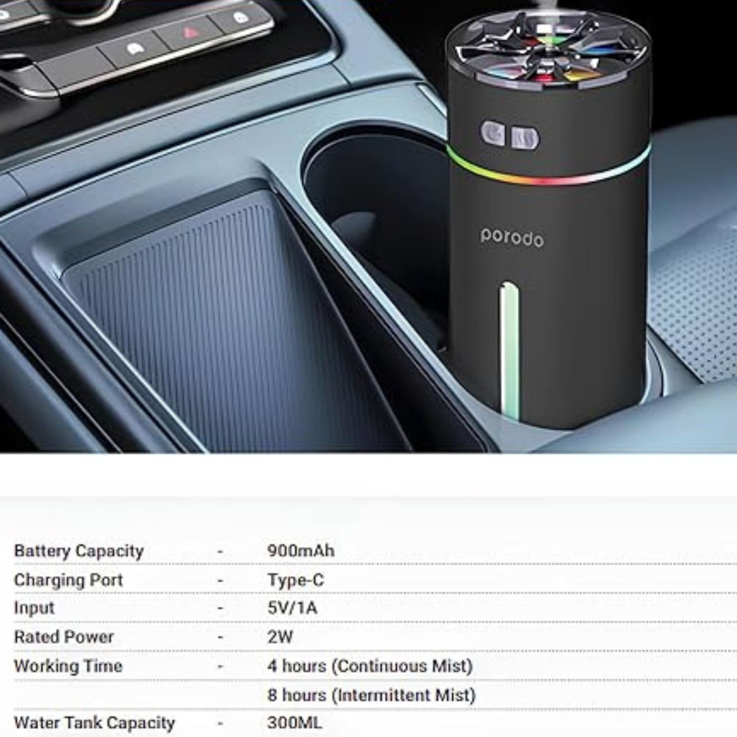 Porodo Lifestyle Portable Air Diffuser( Sceneted Car Cool Mini Humidifier) Essential Oils+ LED Lightning _Black
