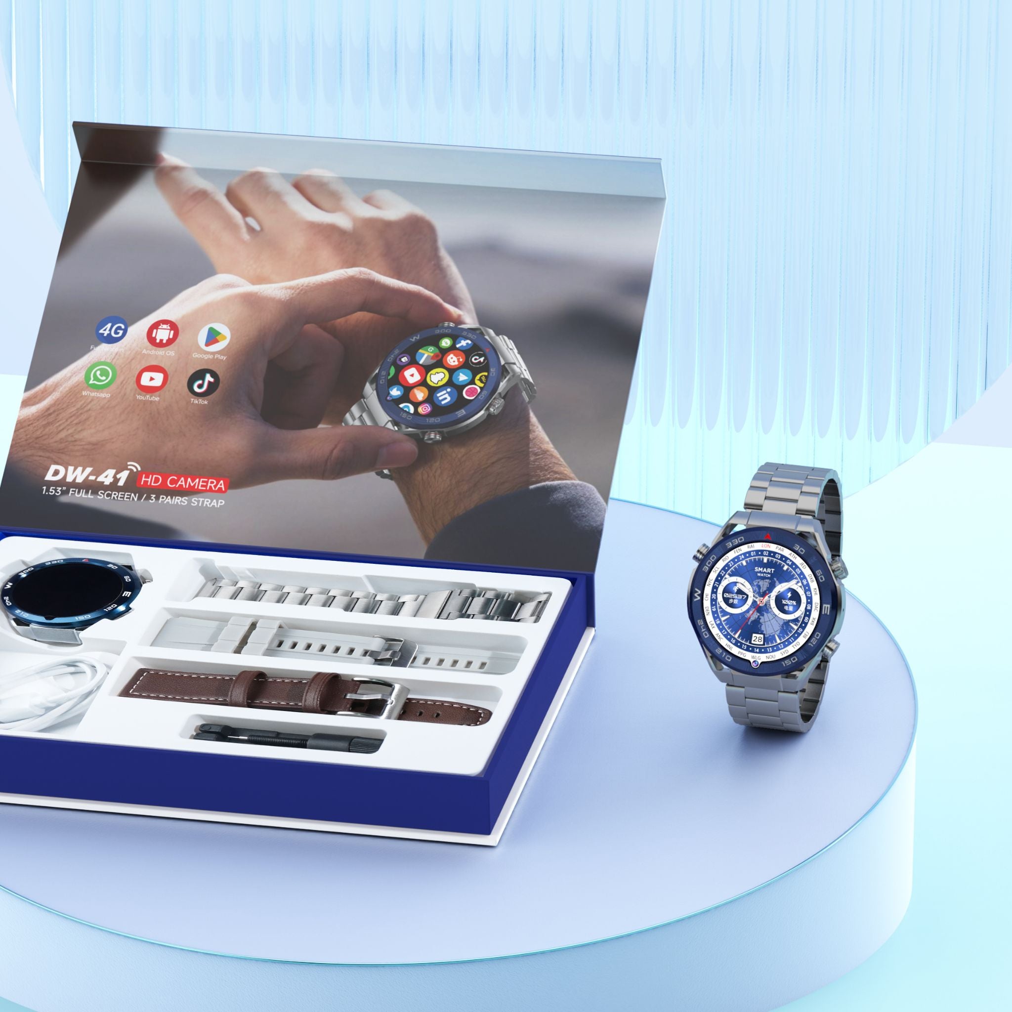 Telzeal Germany DW-41 (4G) HD Camera 1.53 Inch Full-Screen Display Smart Watch With SIM Slot 3 Pair Straps and Wireless Charger_Silver