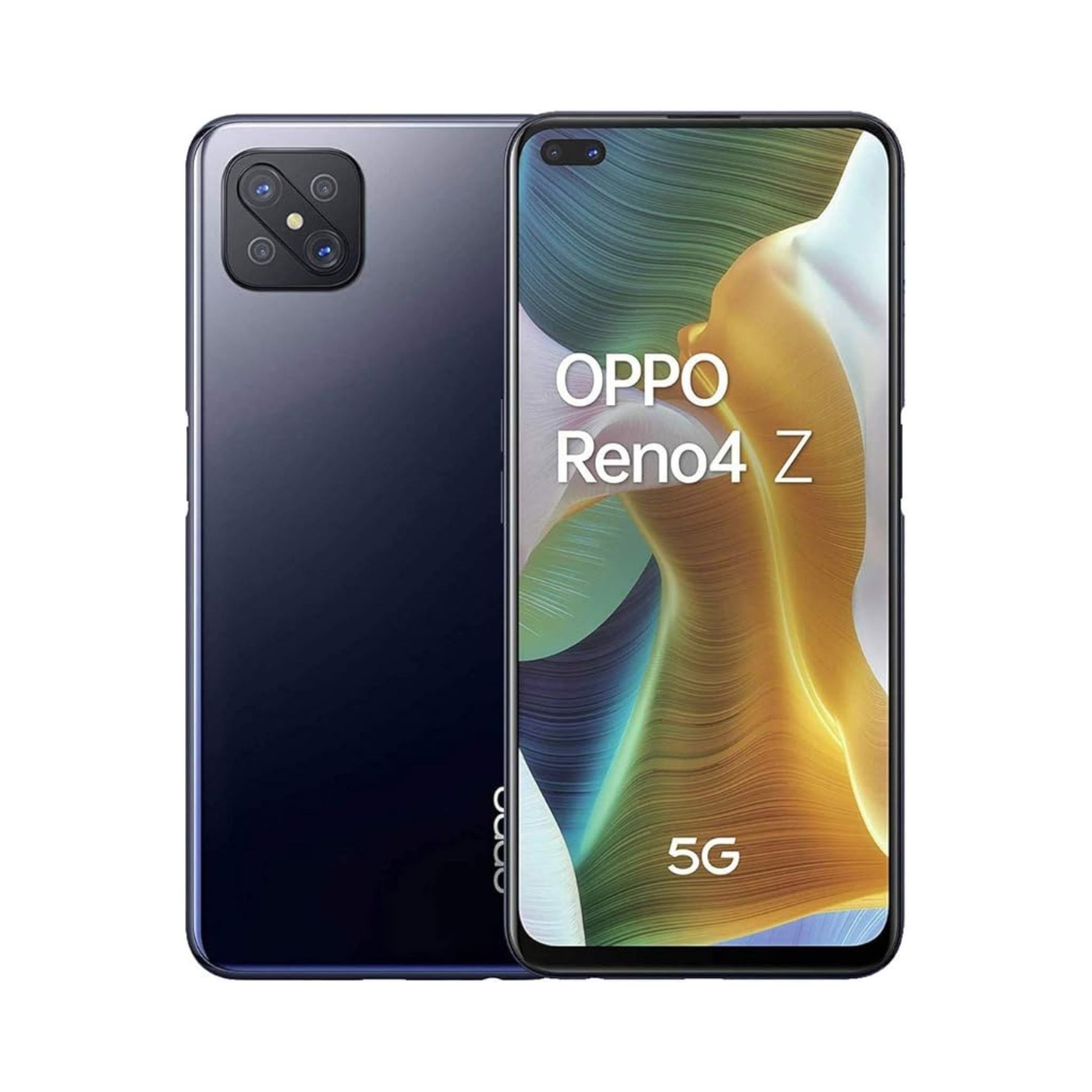 OPPO Reno4 Z 5G smartphone in ink black color with a quad-camera module on the back and the brand logo visible.