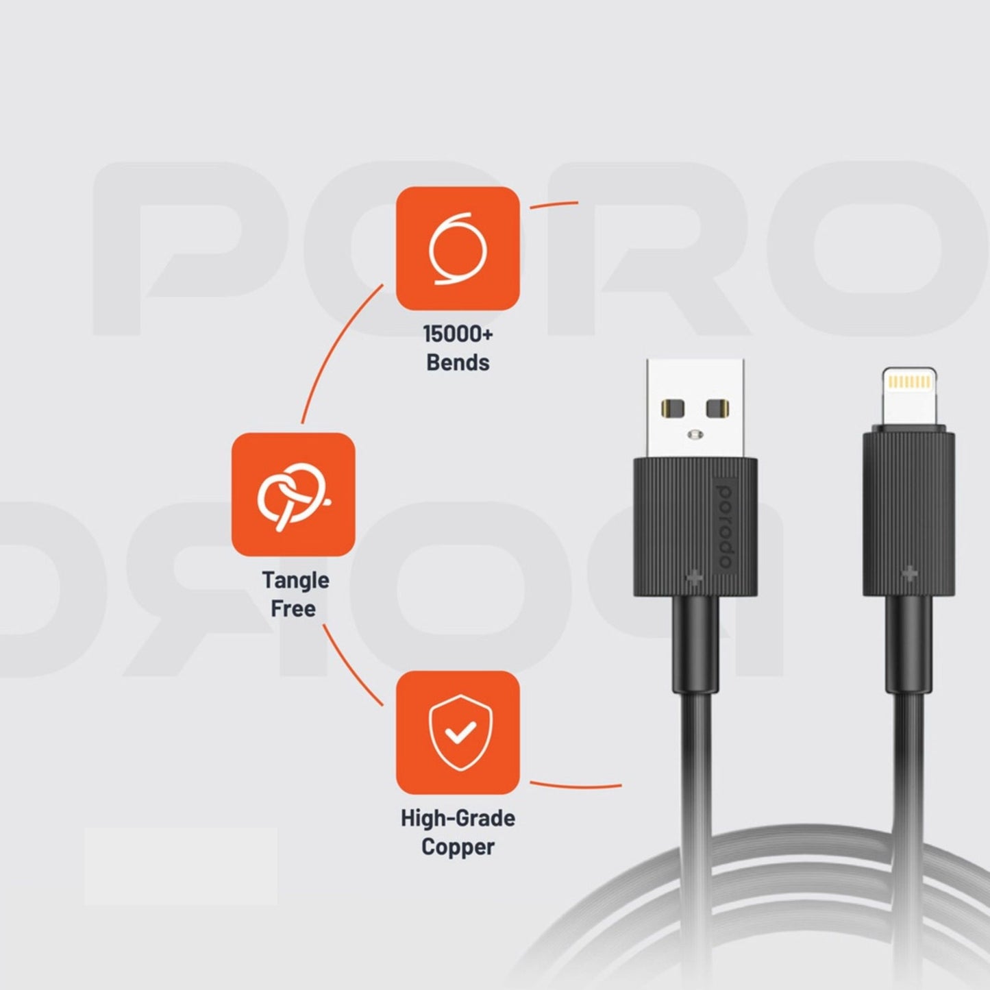 Porodo USB A to Lightning PVC Cable 3m - Black