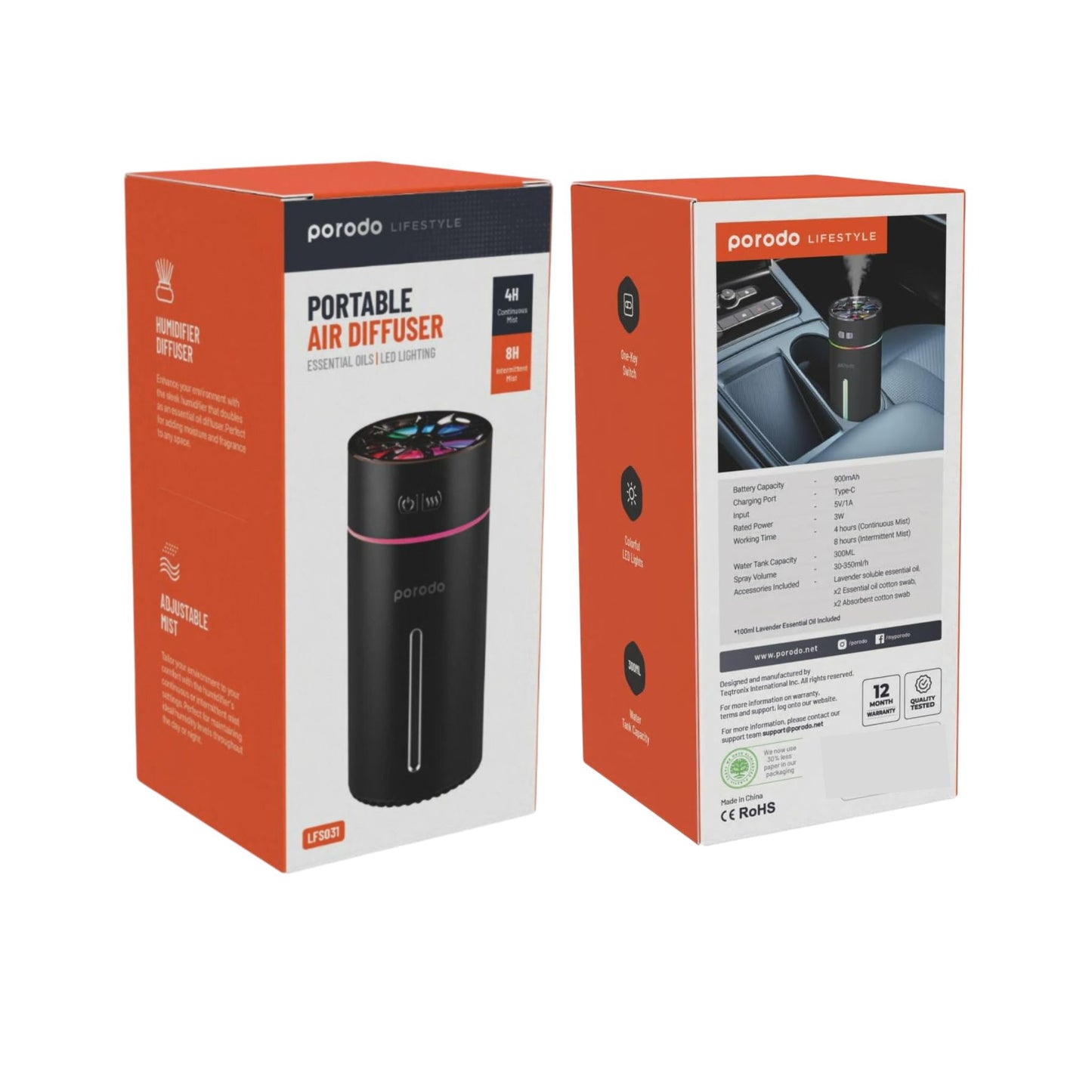 Porodo Lifestyle Portable Air Diffuser( Sceneted Car Cool Mini Humidifier) Essential Oils+ LED Lightning _Black