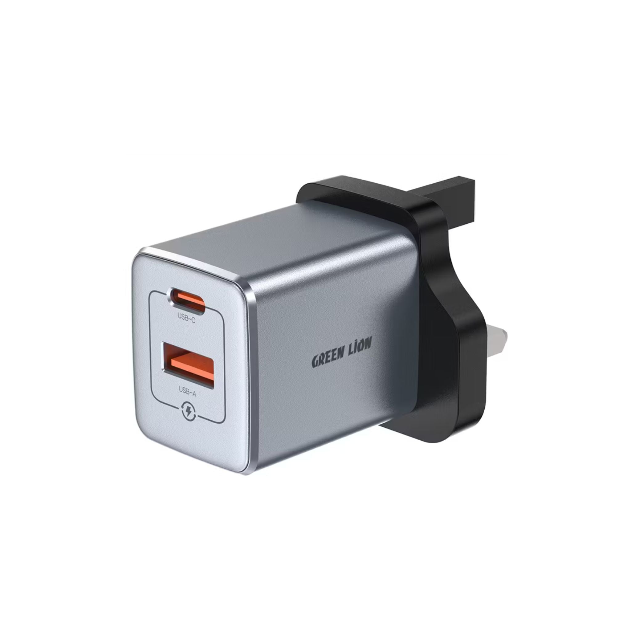 Green Lion GaN UK Plug Wall Charger with 35W Power Delivery, 0%-50% Charge in 30 Minutes, PC Flame Retardant Material, Multiple Protection, USB-C & USB-A Ports - Gray