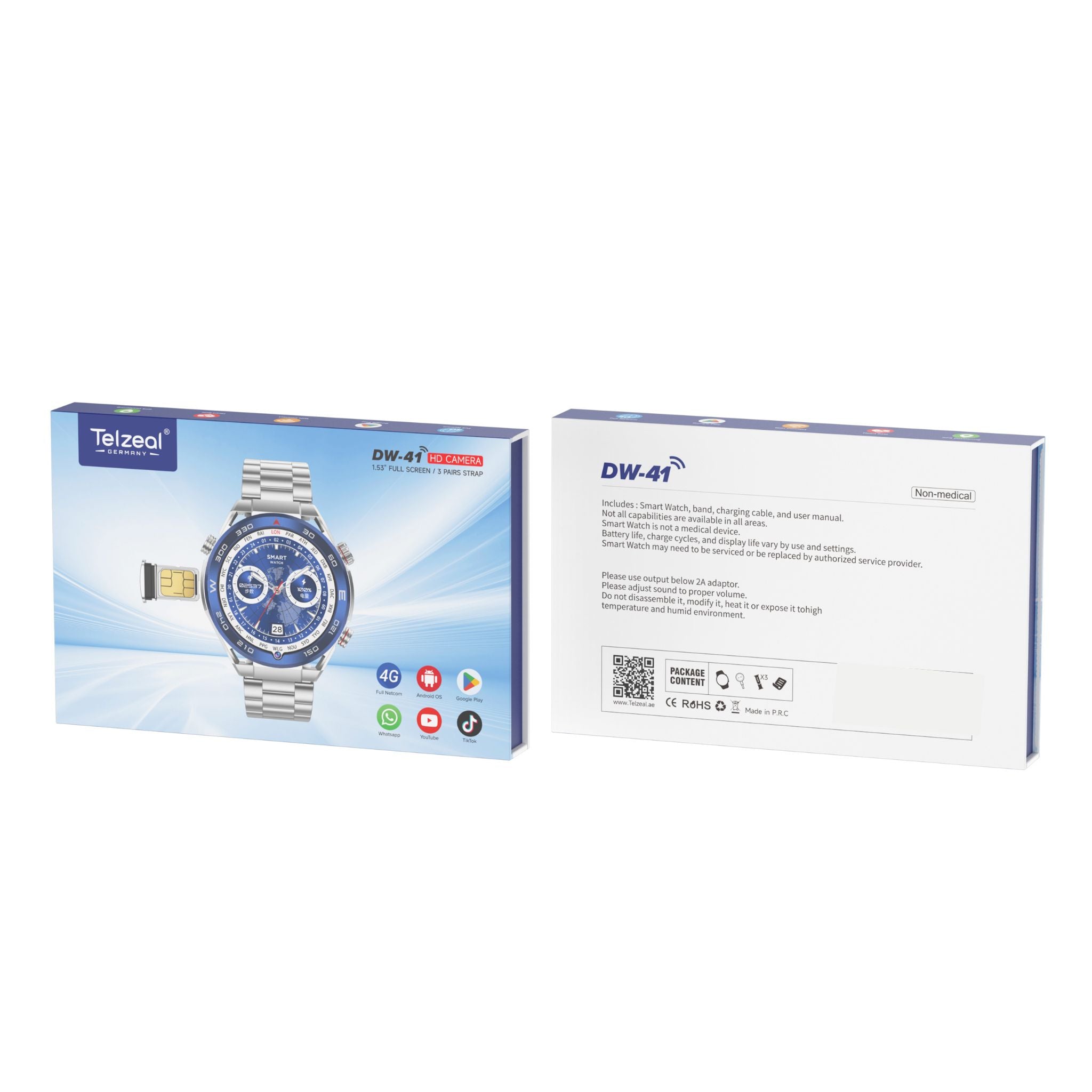 Telzeal Germany DW-41 (4G) HD Camera 1.53 Inch Full-Screen Display Smart Watch With SIM Slot 3 Pair Straps and Wireless Charger_Silver