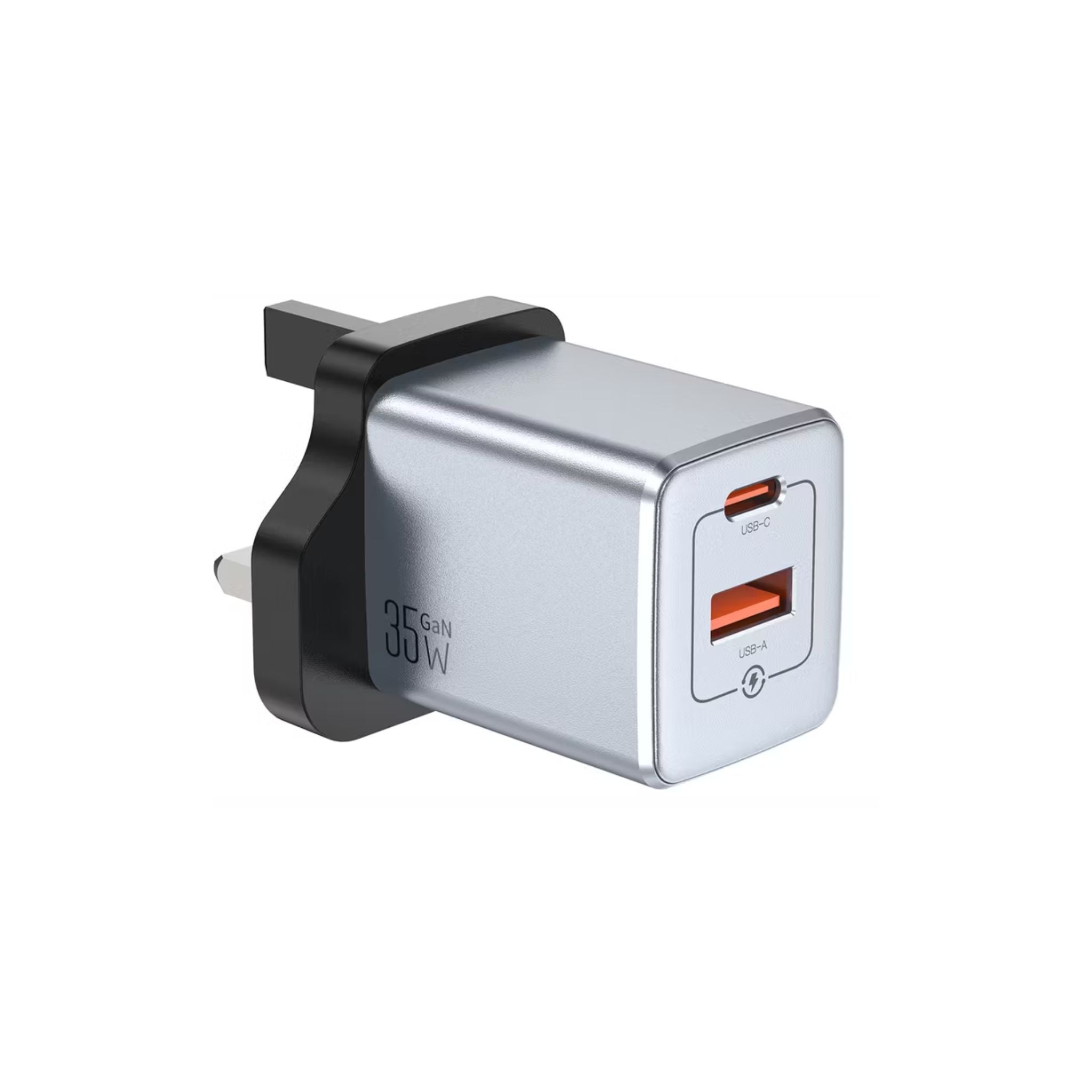 Silver USB wall adapter with two ports on a white background