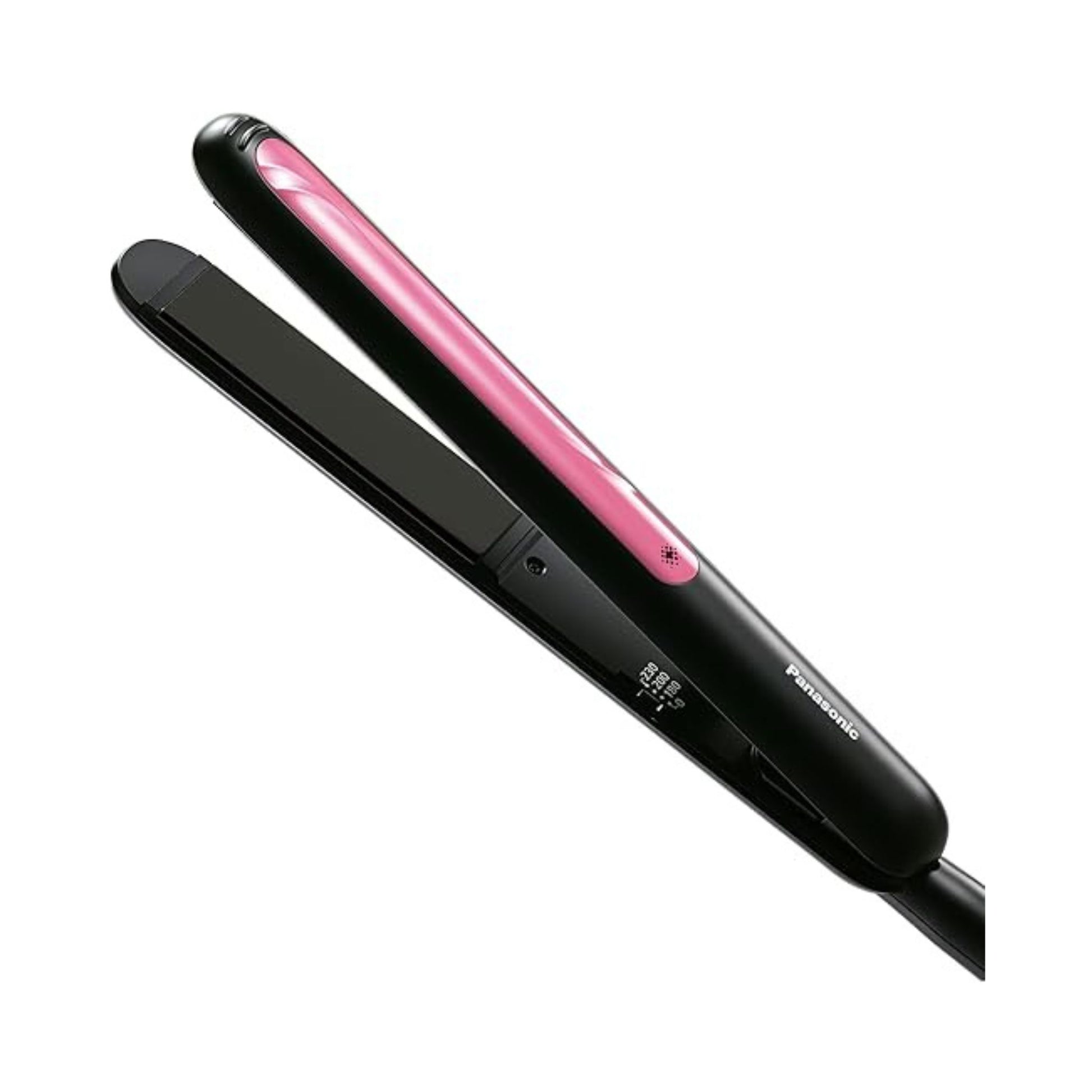 Black hair straightener with pink interior on a white background