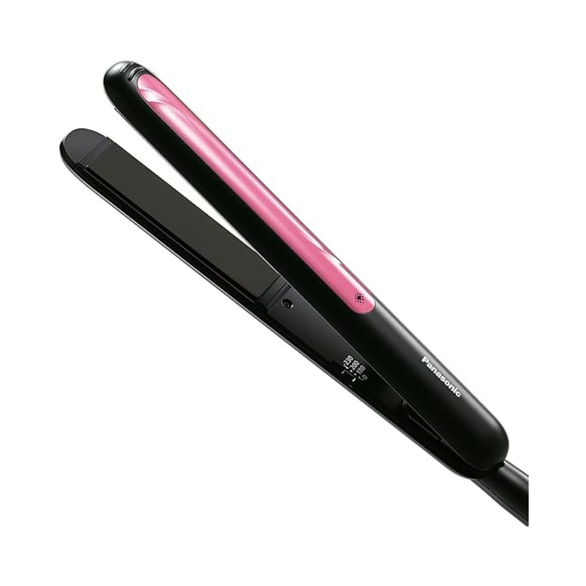 Black hair straightener with pink interior on a white background