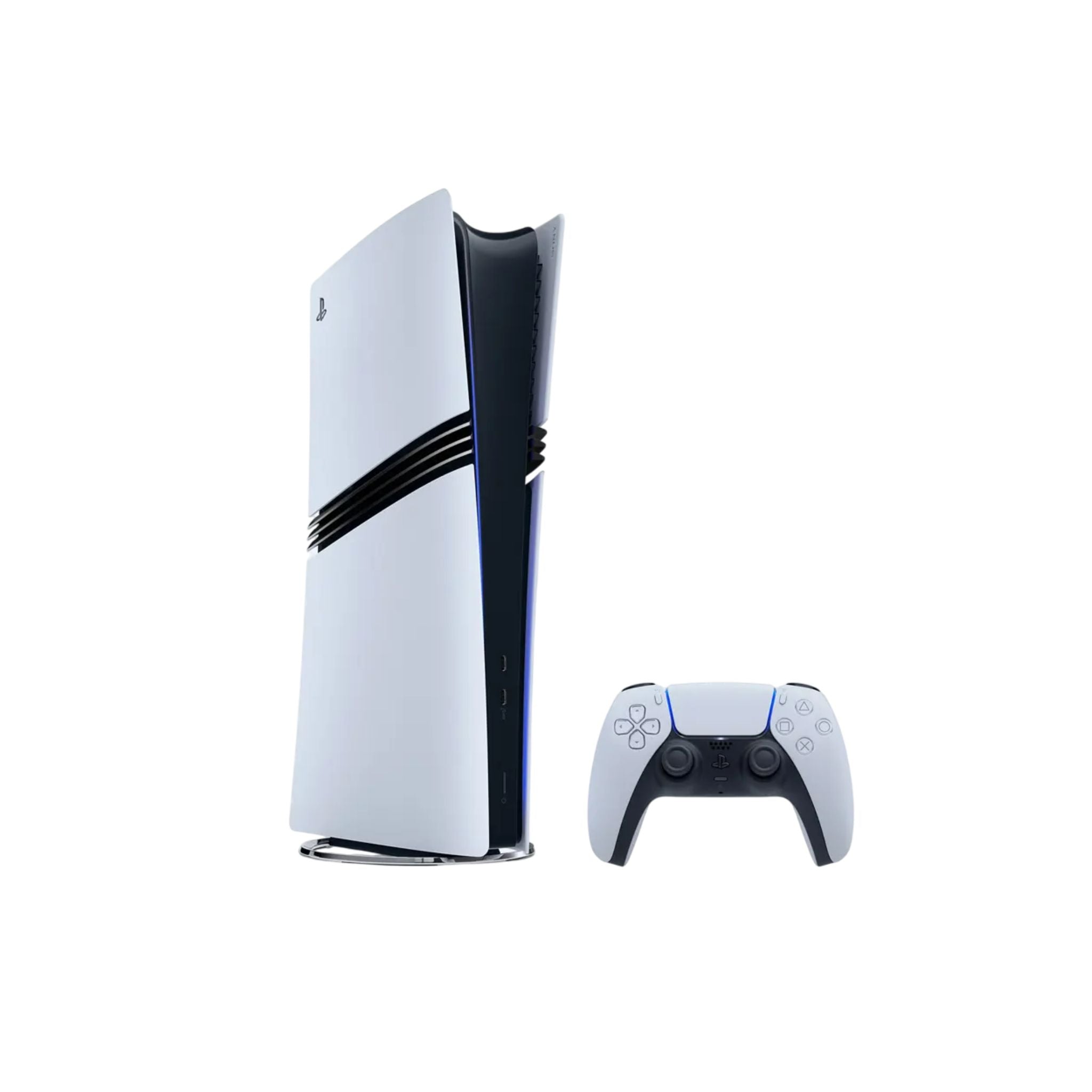 Gaming console and controller on a white background