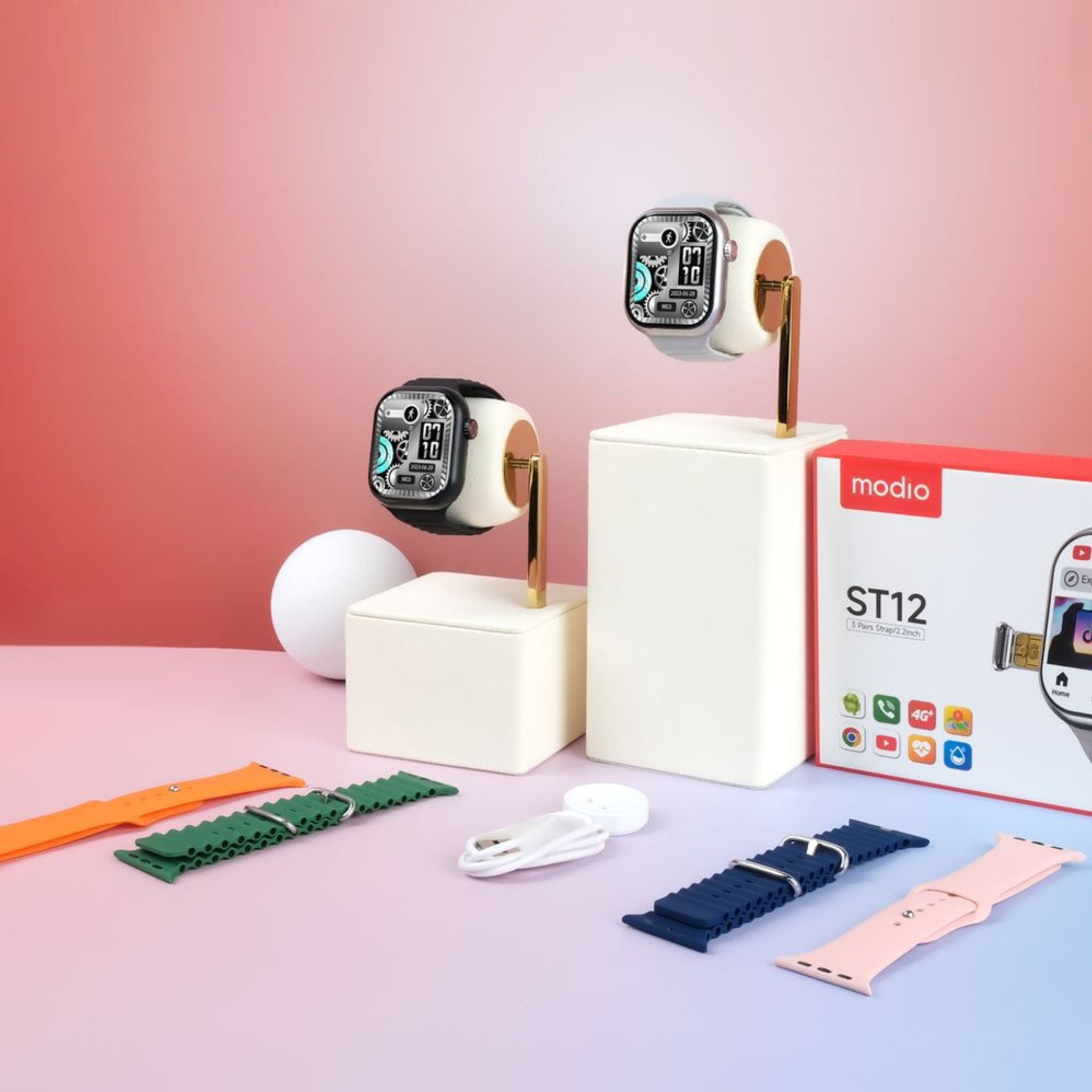 Modio ST12 4G Network 3 Pairs Strap/2.2 inch Smartwatch- Silver