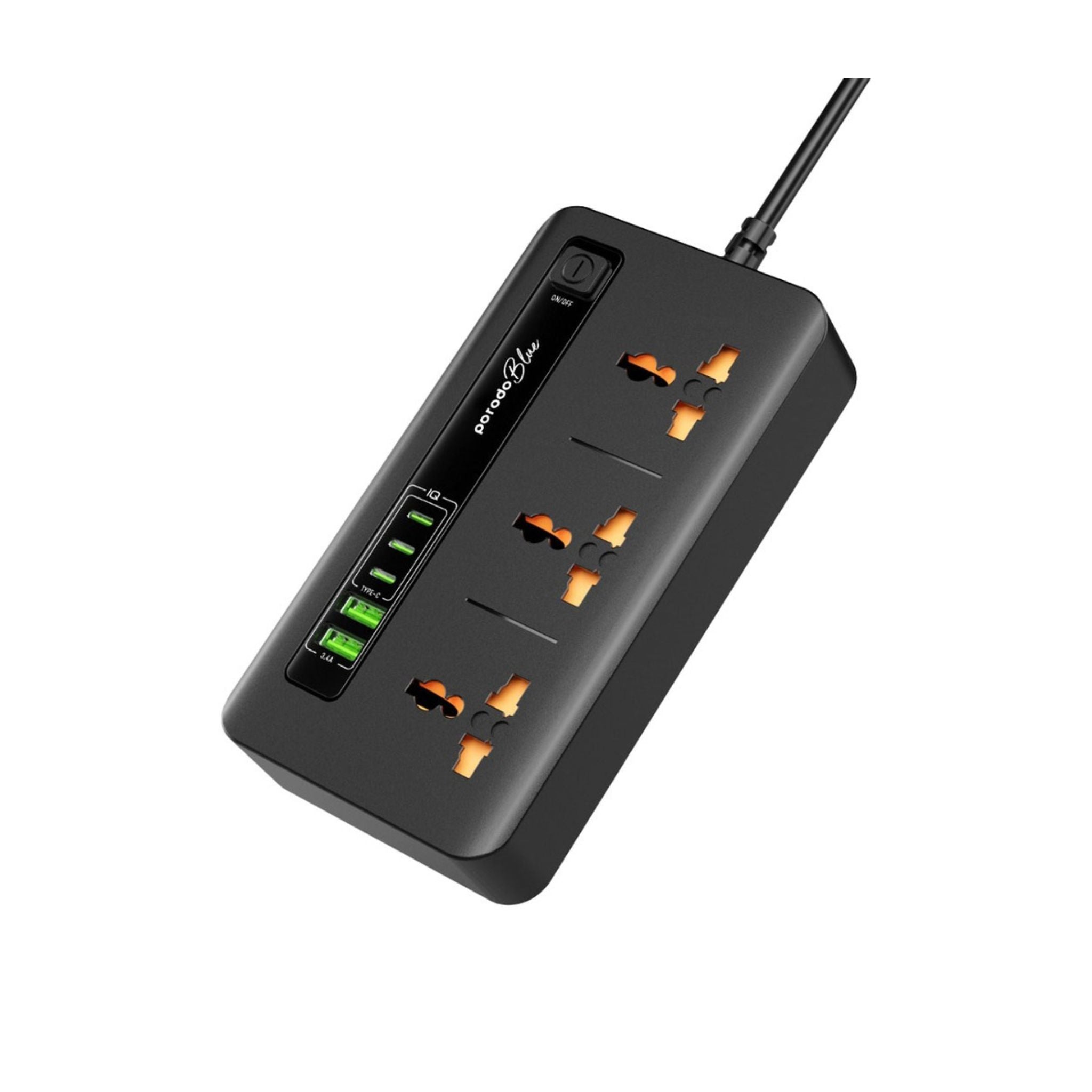 Porodo Blue Multiple Ports Power Hub with ×2 USB-A & ×3 USB-C Ports, 3 AC Sockets, 3000W Rated Power, 2m Cable Length, Universal Compatibility - Black