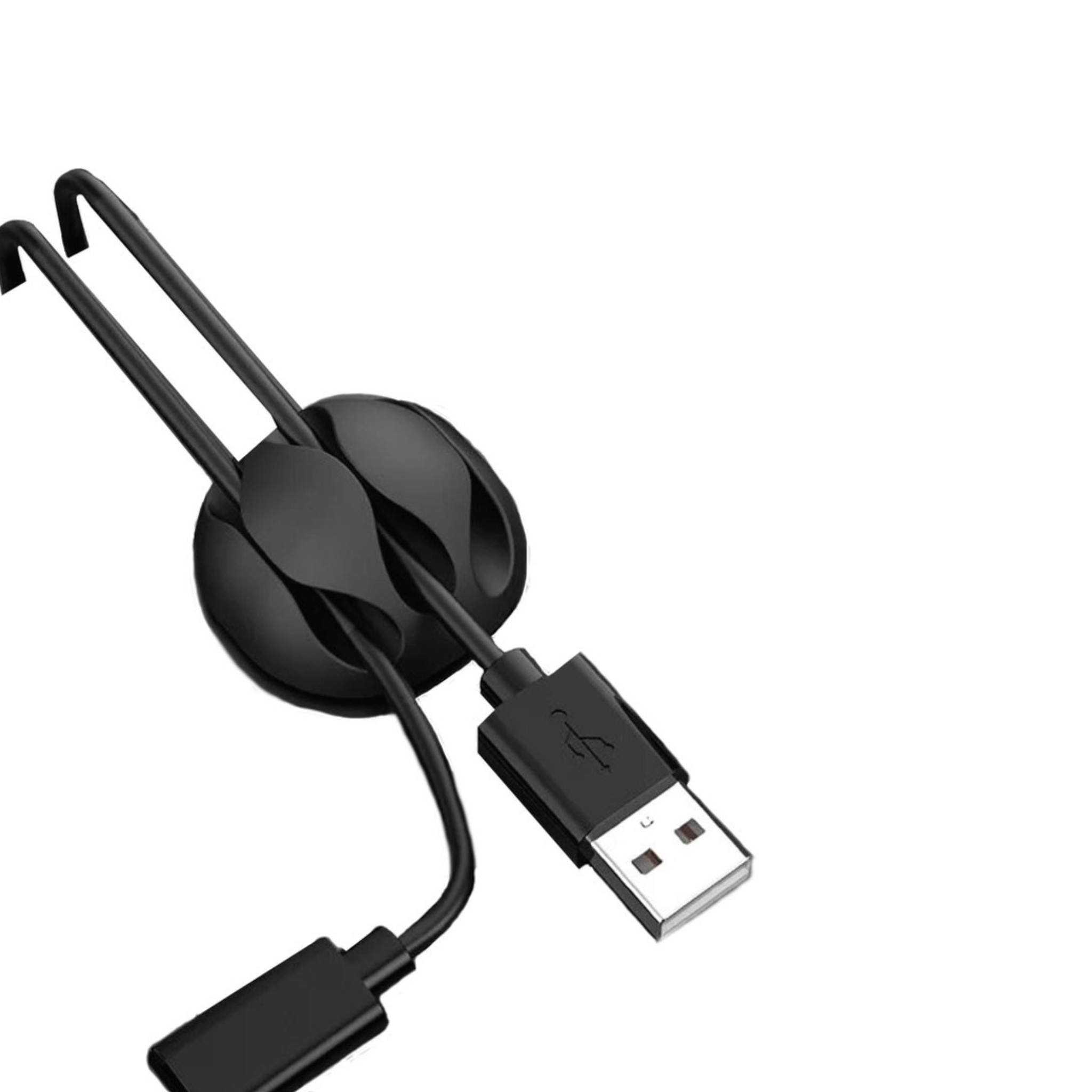 A black 10 in 1 cable organizer with a strong adhesive, designed to manage multiple cables such as data, mouse, Ethernet, and audio cables, attached to a USB cable.
