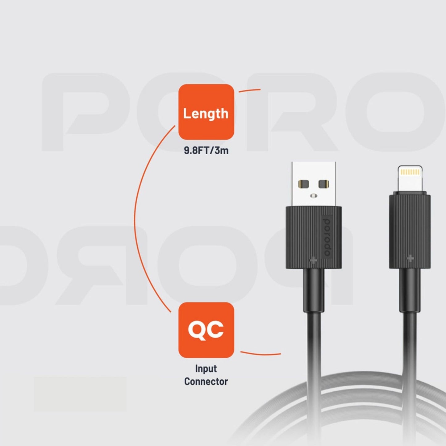 Porodo USB A to Lightning PVC Cable 3m - Black