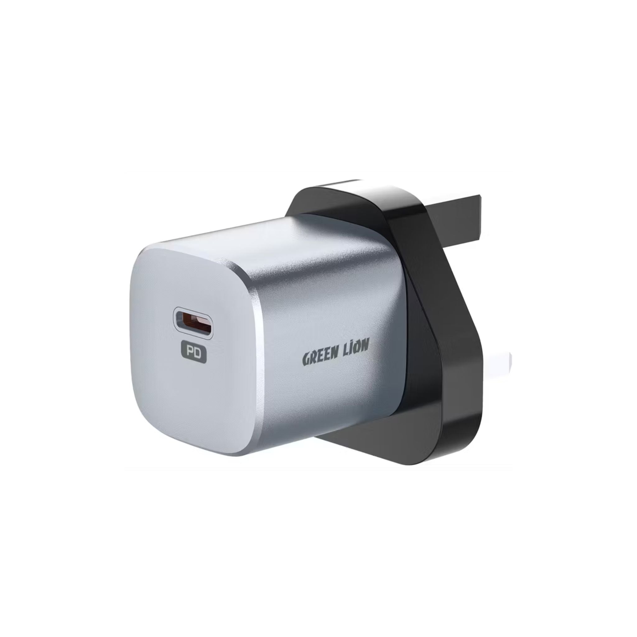 Silver and black plug adapter with 'Green Lion' branding on a white background