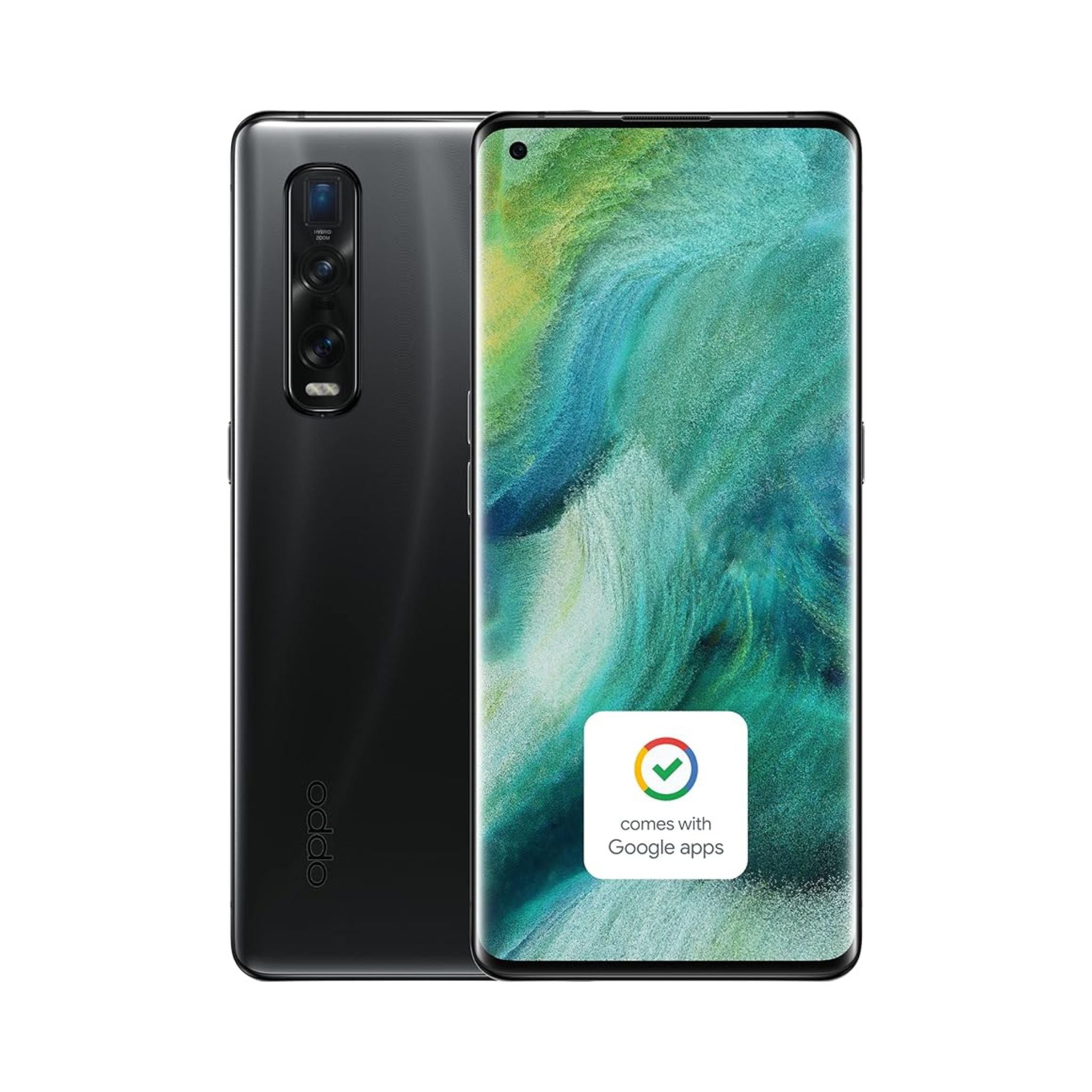 OPPO Find X2 Pro 5G smartphone in black color with a Google Apps logo on the screen, indicating Google Assistant and other Google services are available.