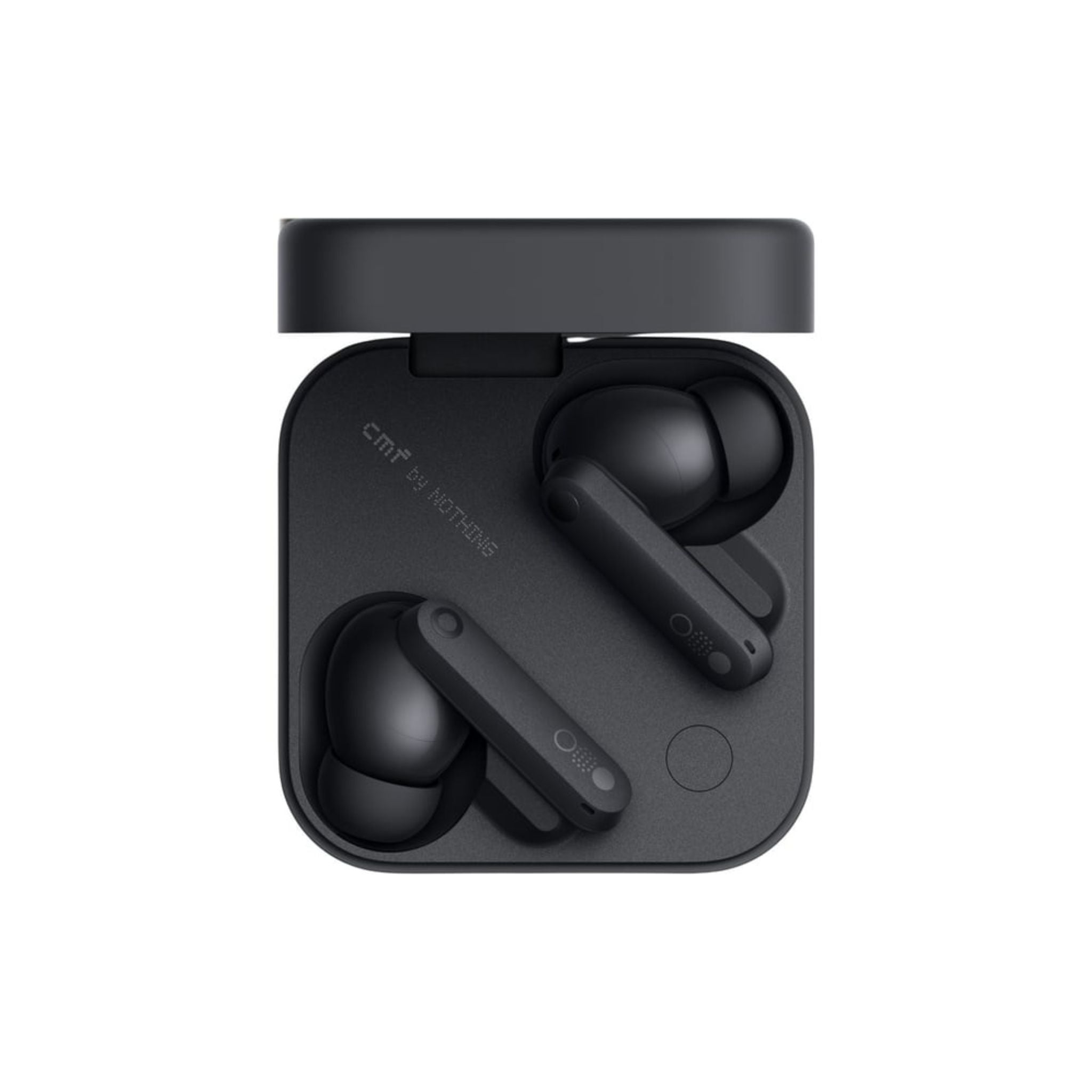 Black wireless earbuds in a charging case on a white background