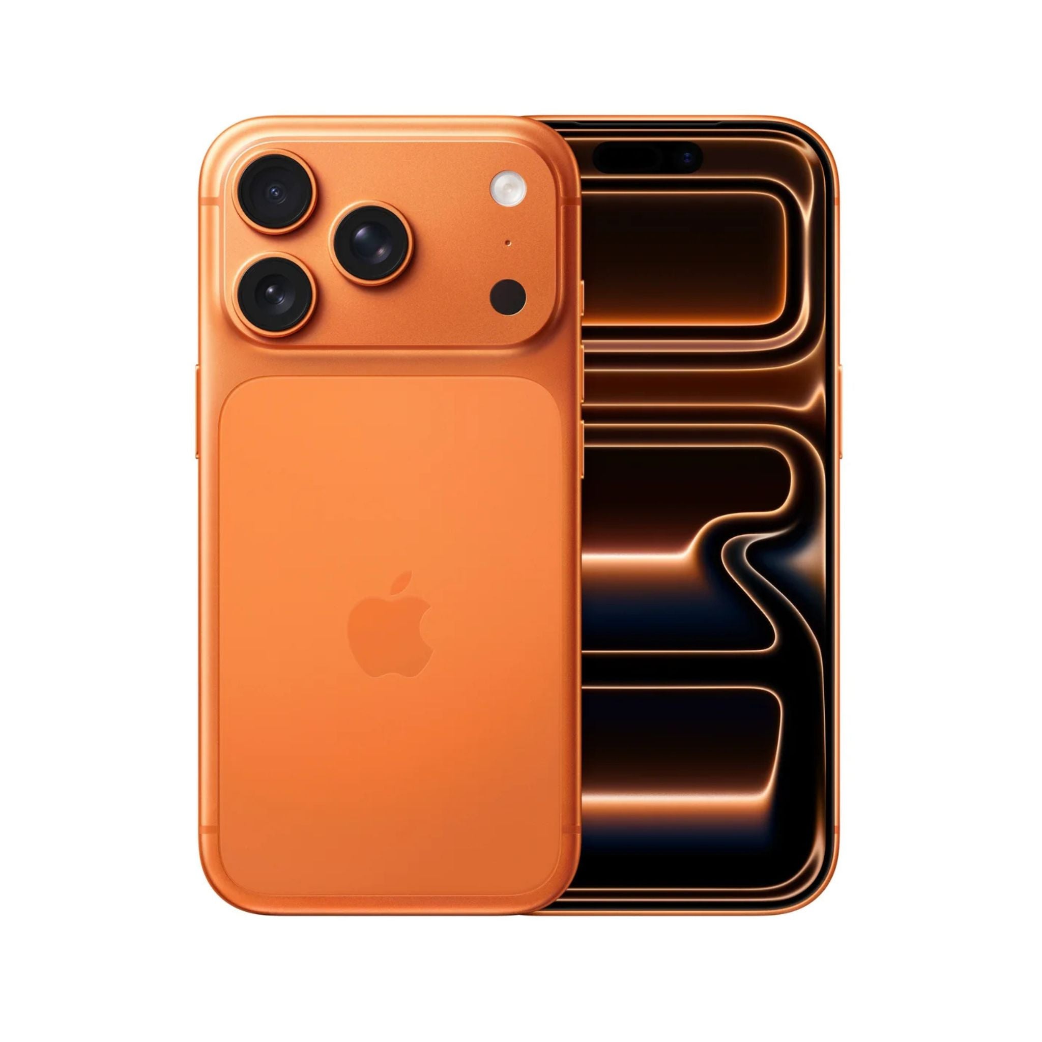 Orange smartphone showing back and side views on a white background