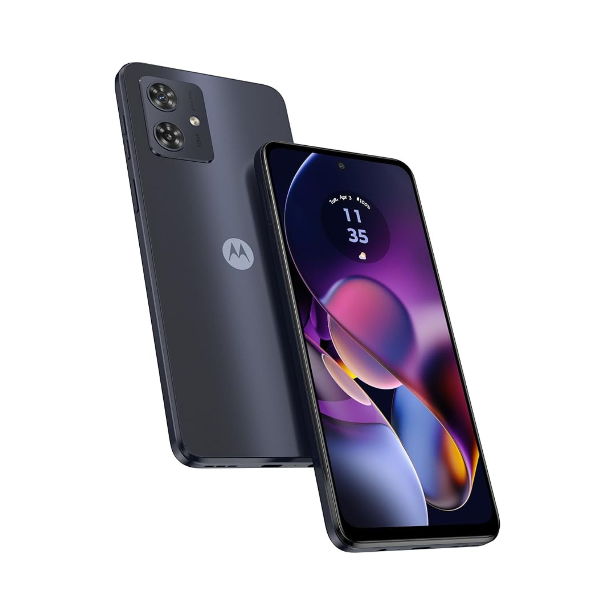 Motorola smartphone showing front and back on a white background